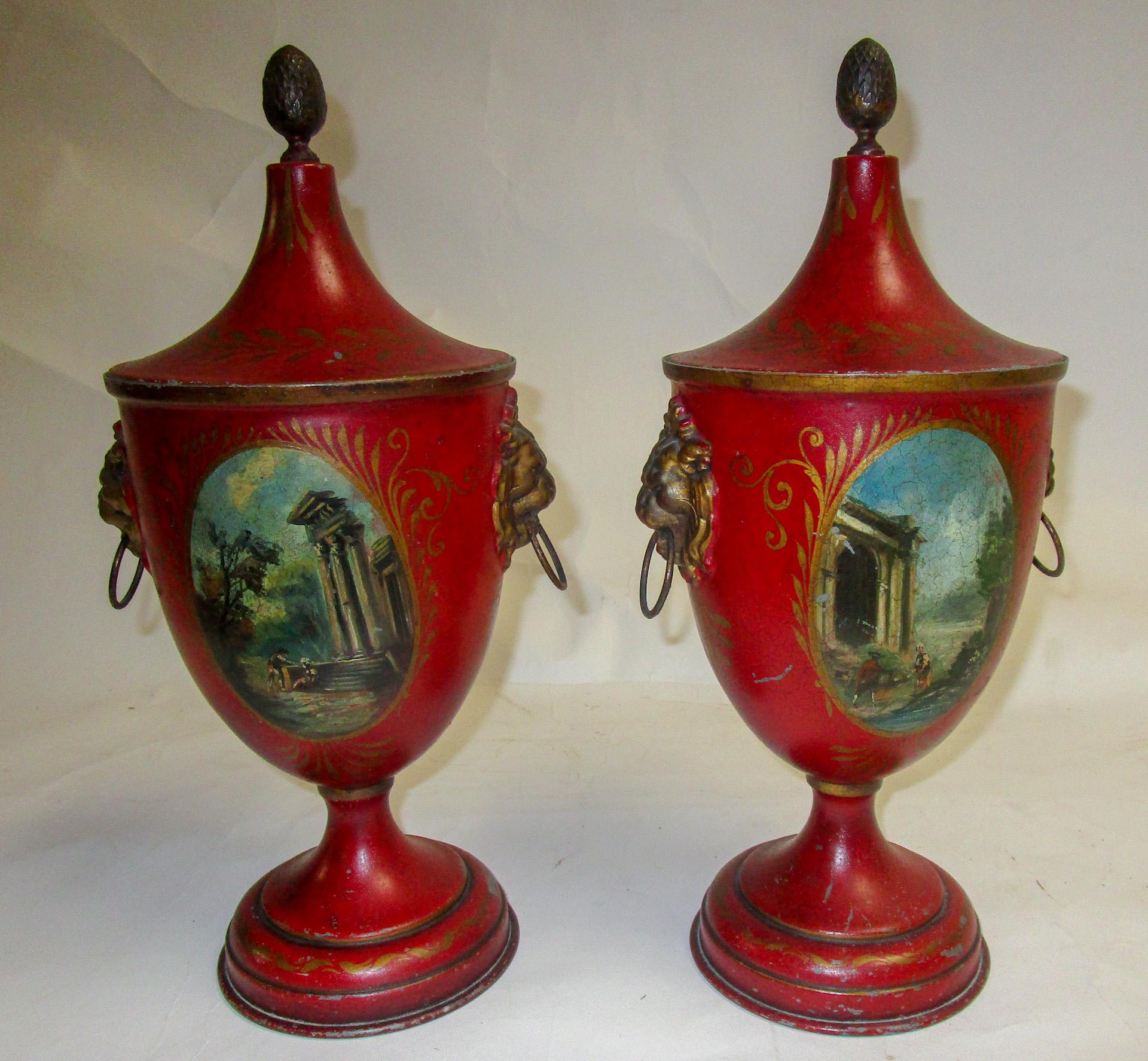 19th Century French Painted Tole Covered Urn Pair For Sale 3