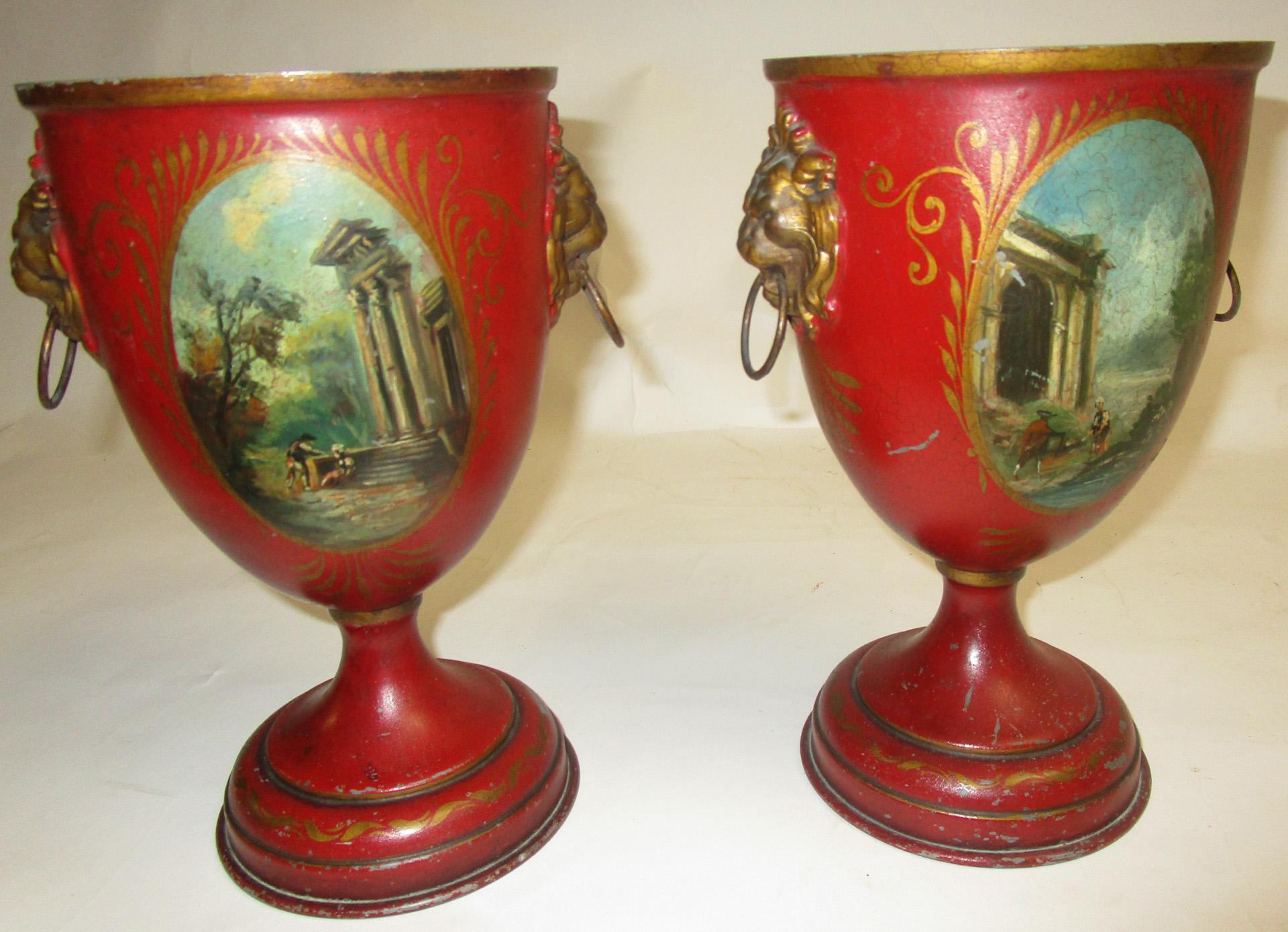 Grand Tour 19th Century French Painted Tole Covered Urn Pair For Sale