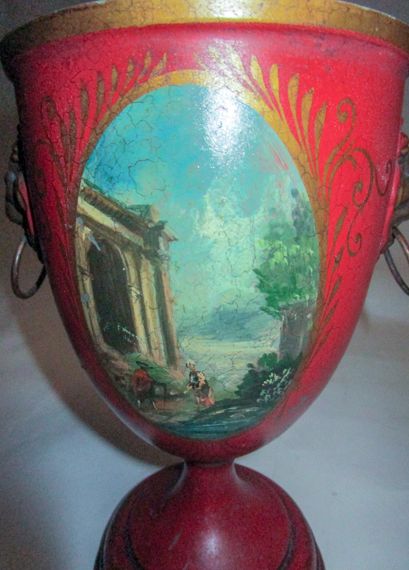 Mid-19th Century 19th Century French Painted Tole Covered Urn Pair For Sale