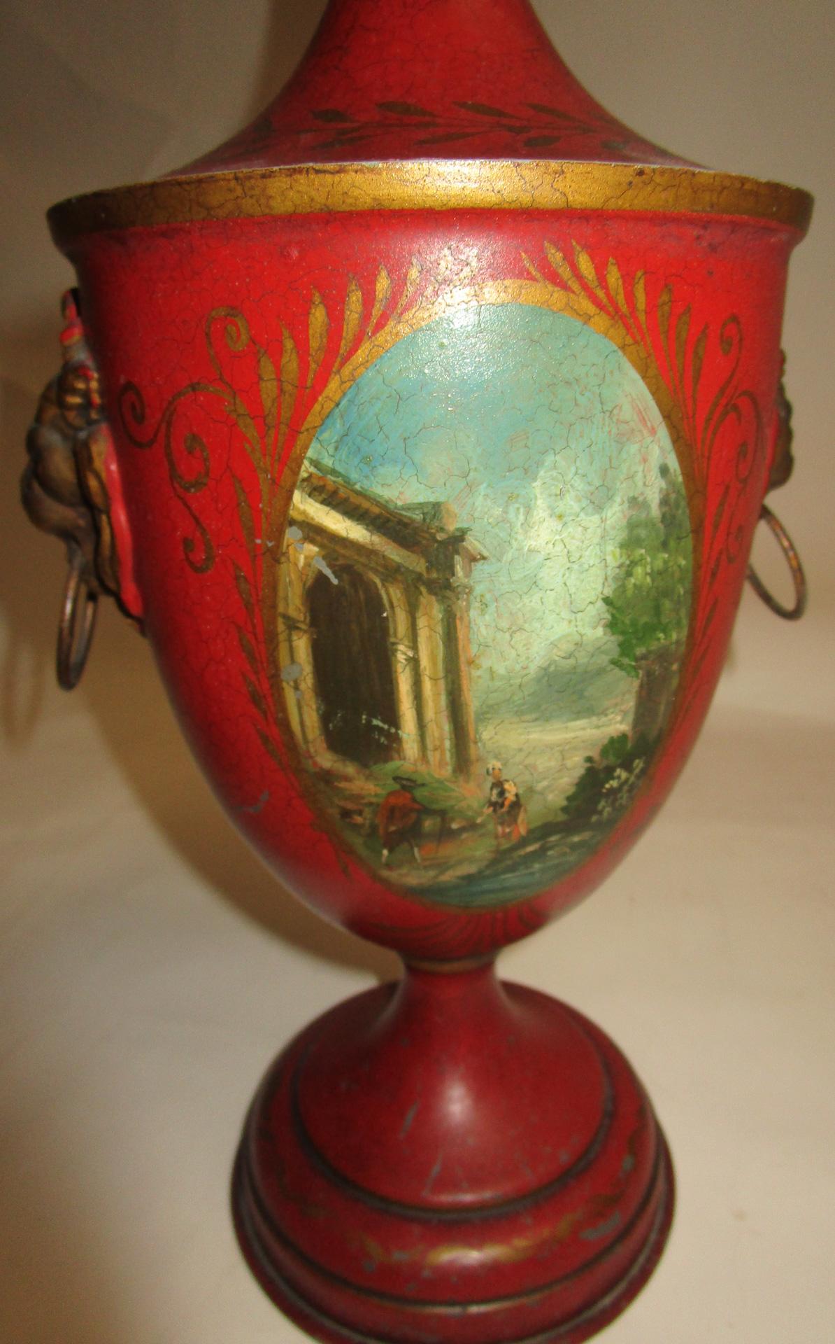 Metal 19th Century French Painted Tole Covered Urn Pair For Sale