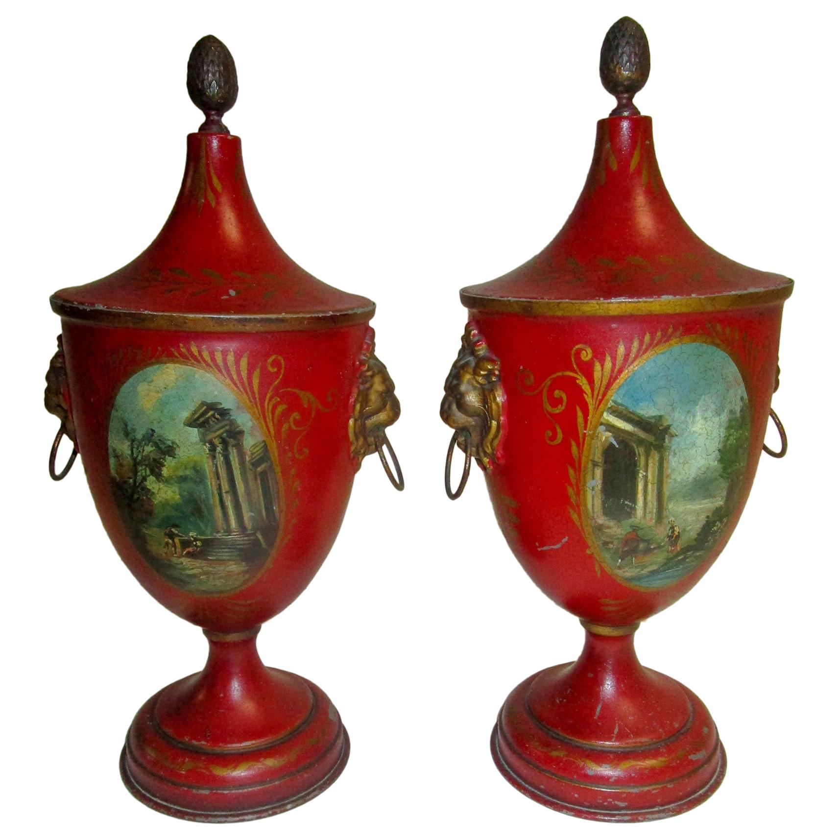 19th Century French Painted Tole Covered Urn Pair