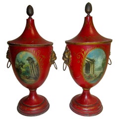 Antique 19th Century French Painted Tole Covered Urn Pair