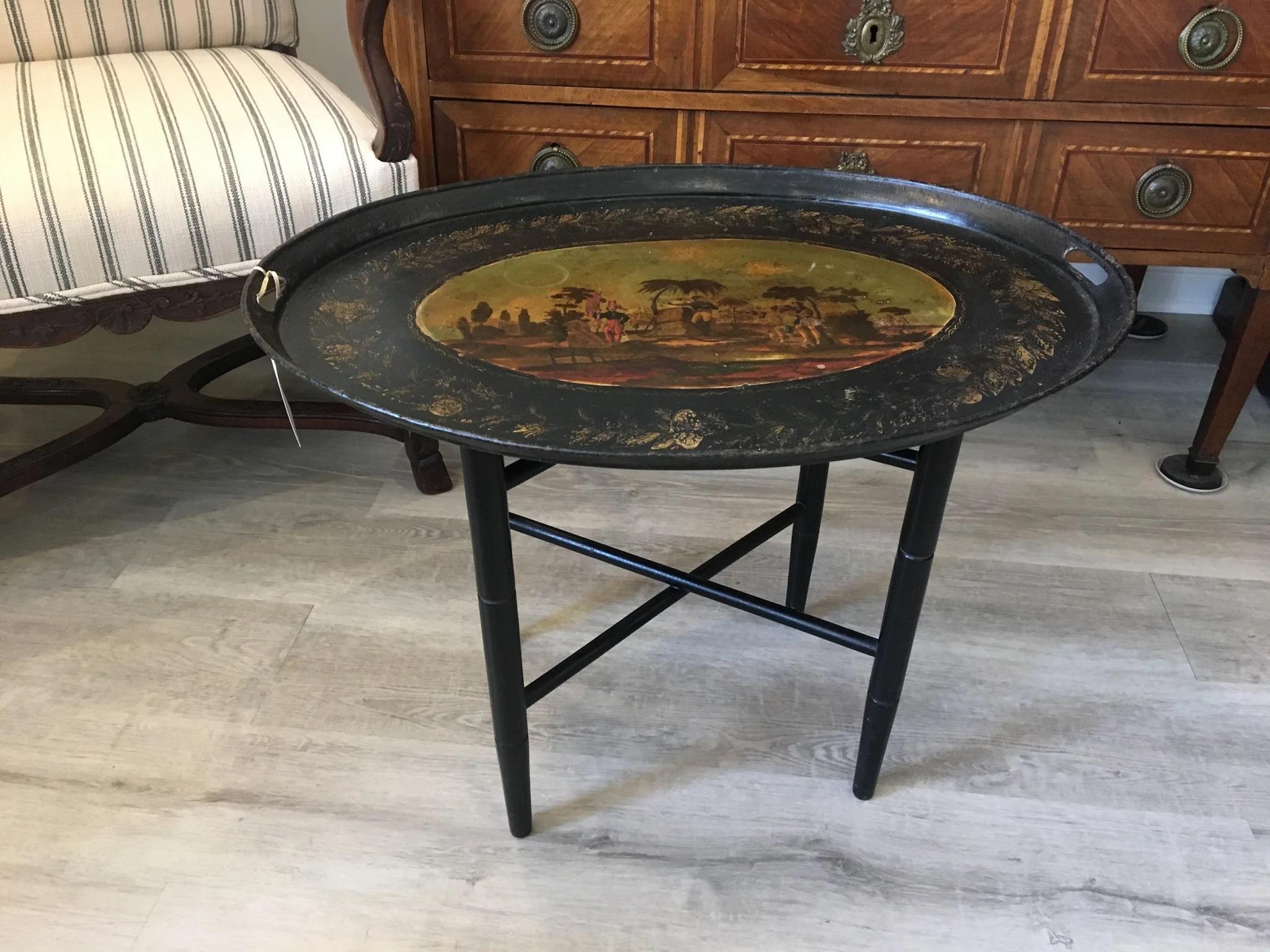 Neoclassical 19th Century French Painted Tole Tray with Stand - Colonial Islands For Sale