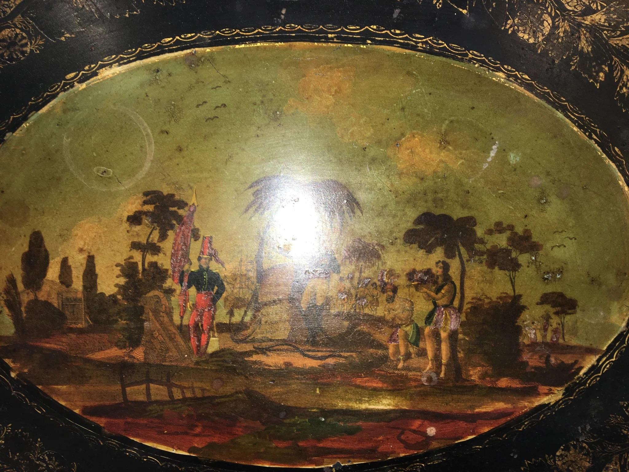 19. Jahrhundert Französisch bemaltes Tablett mit Stand - Colonial Islands im Zustand „Gut“ im Angebot in Charlottesville, VA