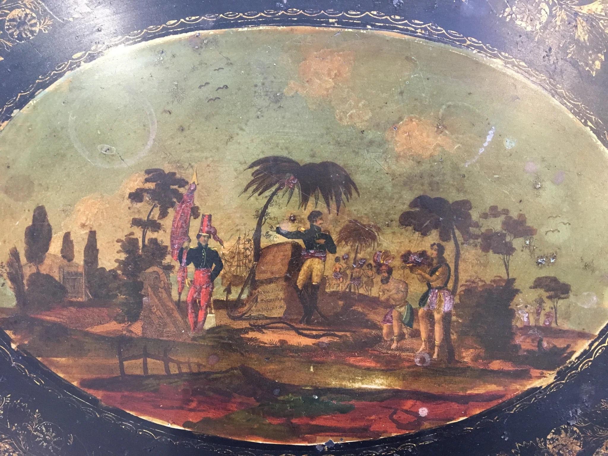 Early 19th Century 19th Century French Painted Tole Tray with Stand - Colonial Islands For Sale