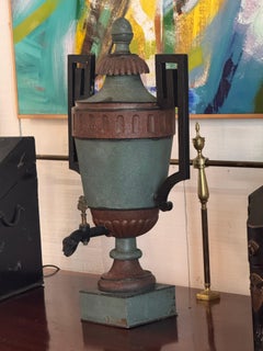 19th Century French Painted Tole Urn With Lid and Figural Spout