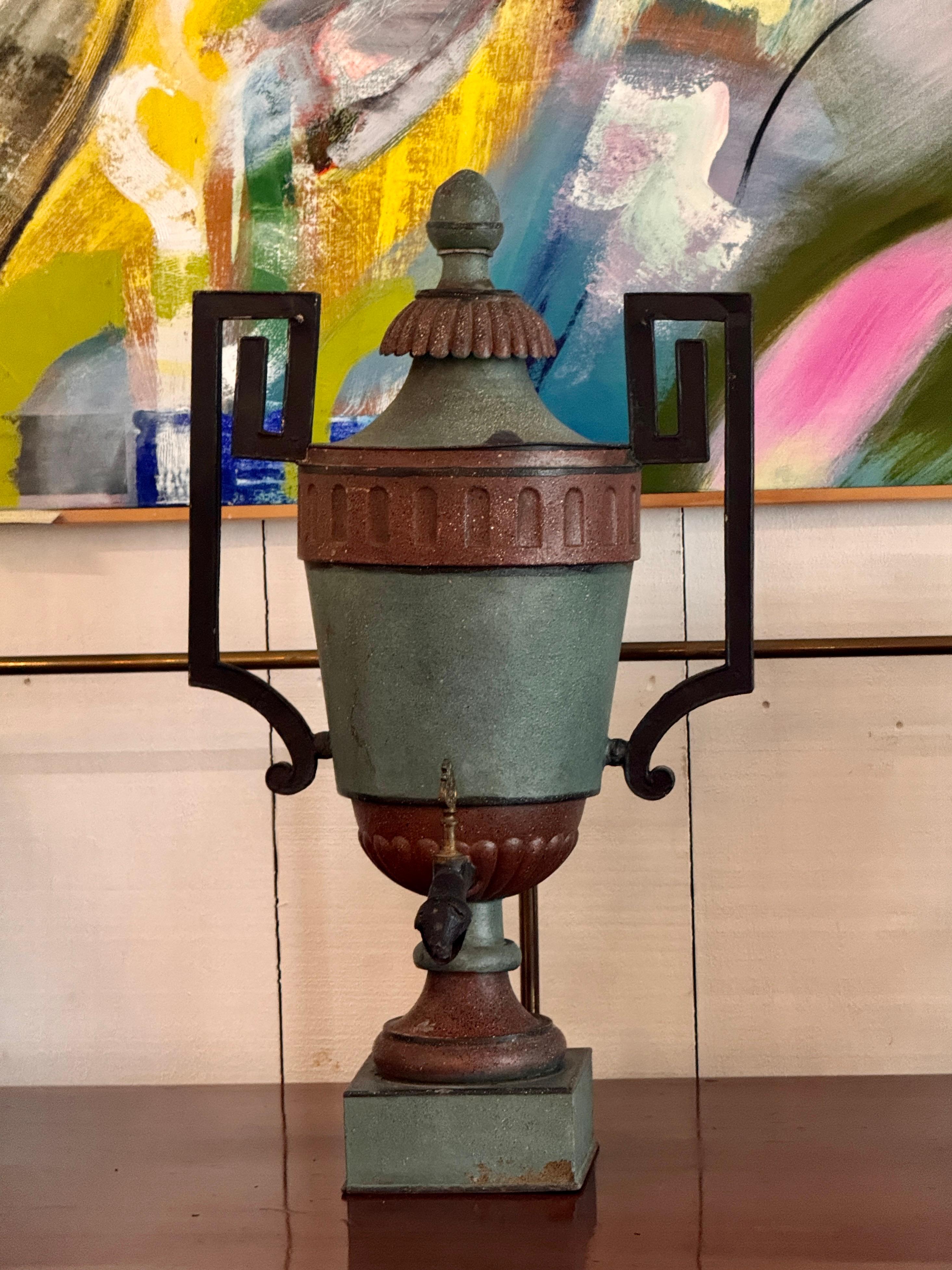 Francese 19th Century French Painted Tole Urn With Lid and Figural Spout in vendita