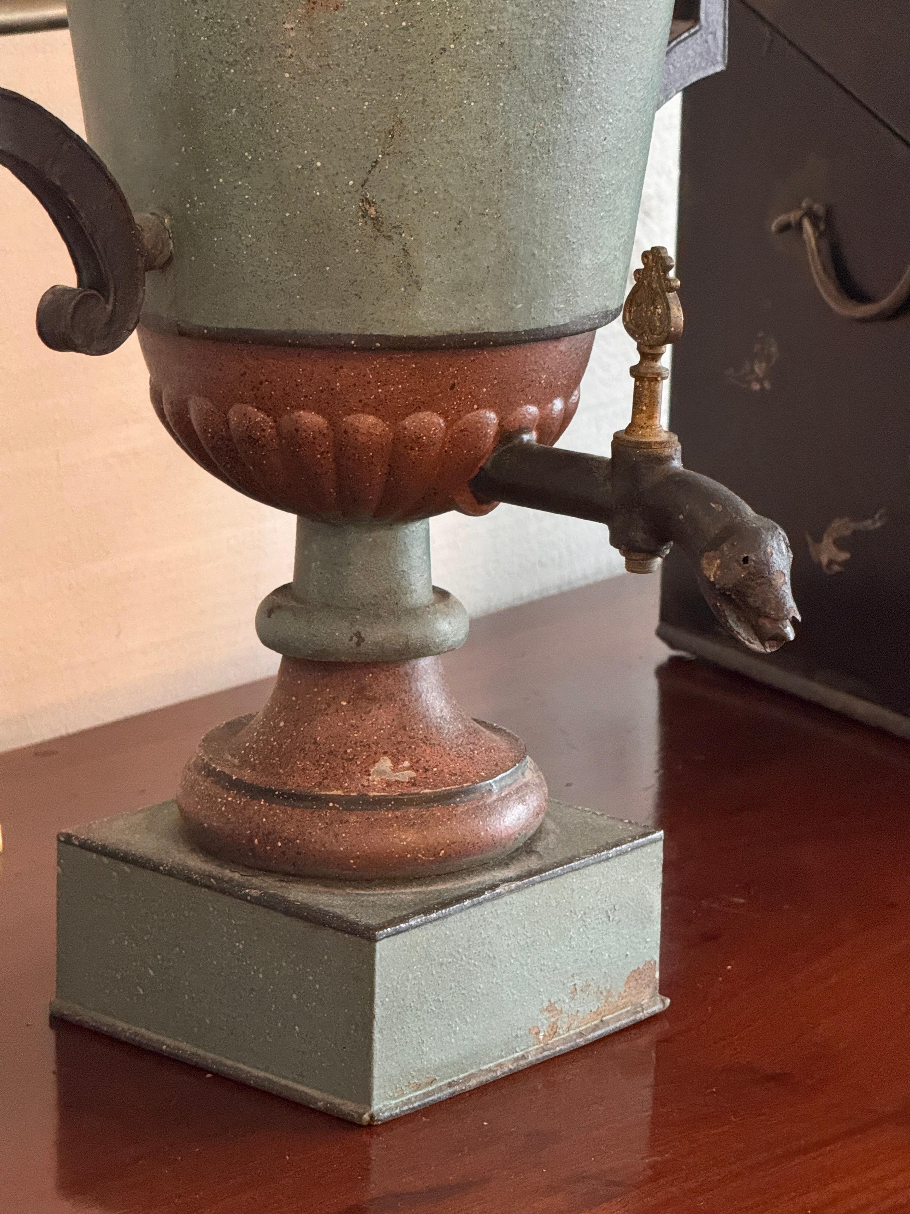XIX secolo 19th Century French Painted Tole Urn With Lid and Figural Spout in vendita