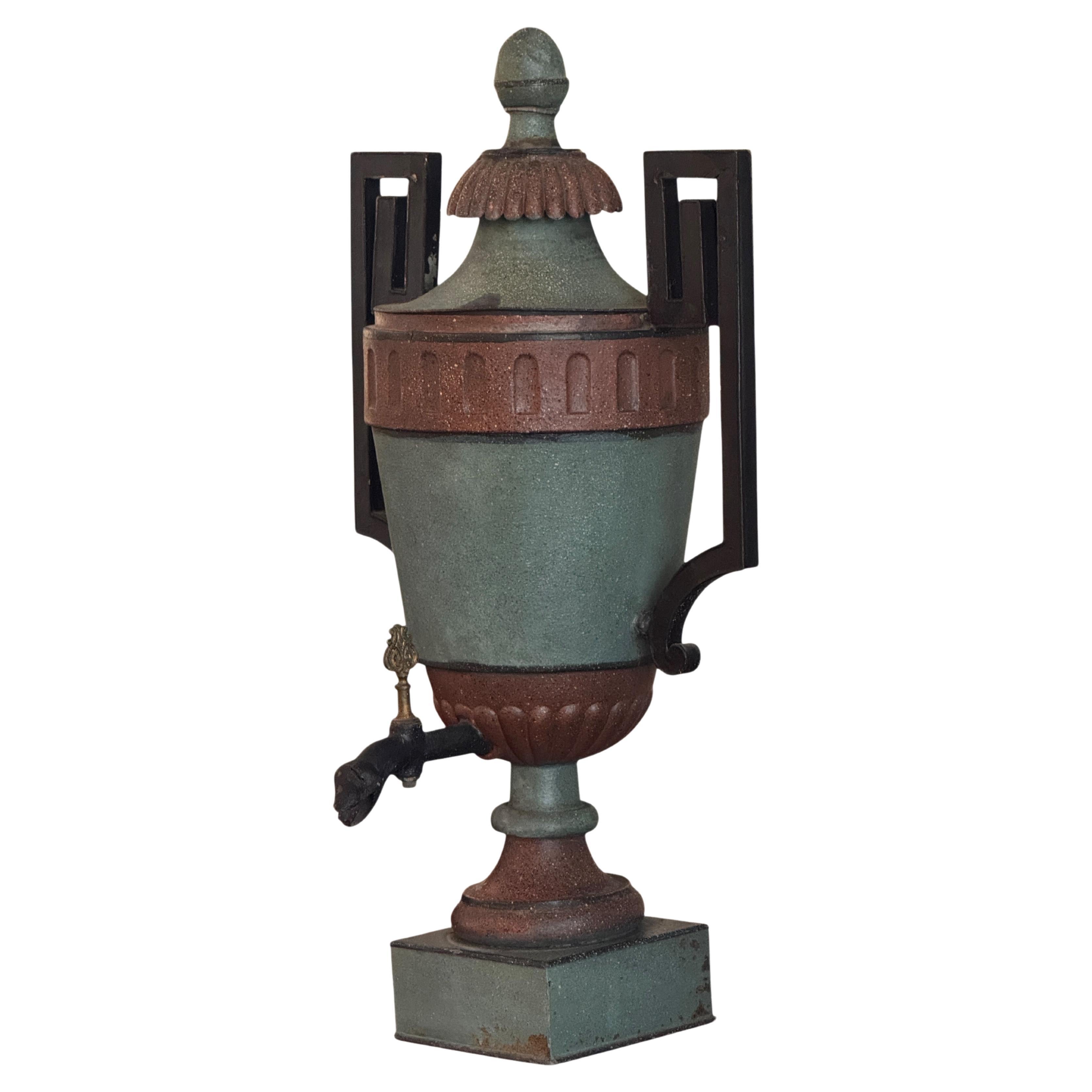 19th Century French Painted Tole Urn With Lid and Figural Spout