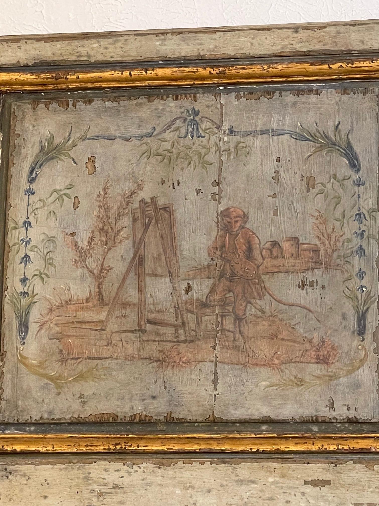 19th Century French Painted Trumeau Mirror with Monkey Scene In Good Condition In Dallas, TX