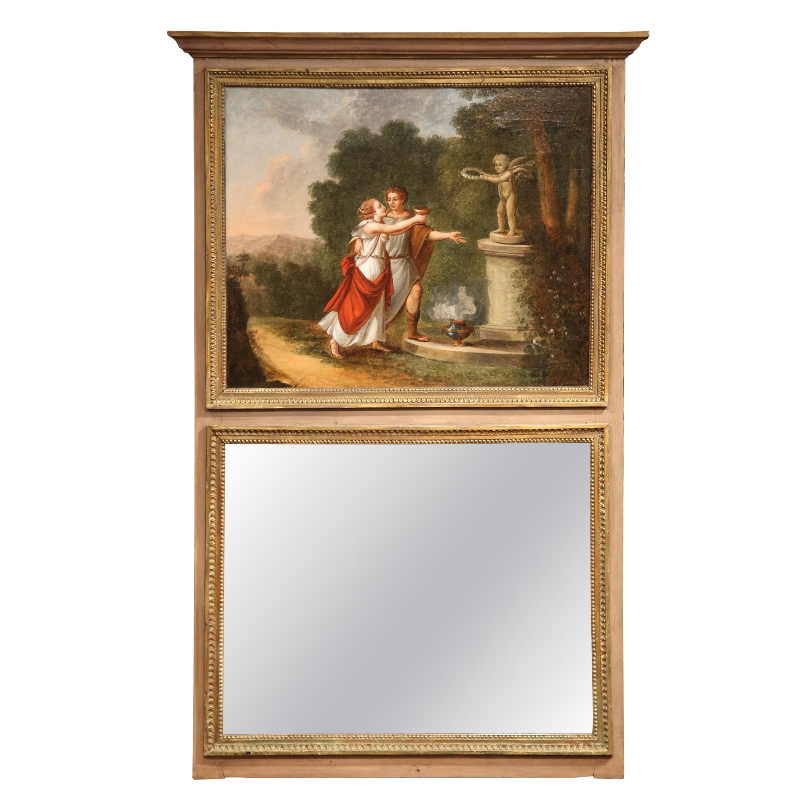 19th Century French Painted Trumeau Mirror with Romantic Scene For Sale