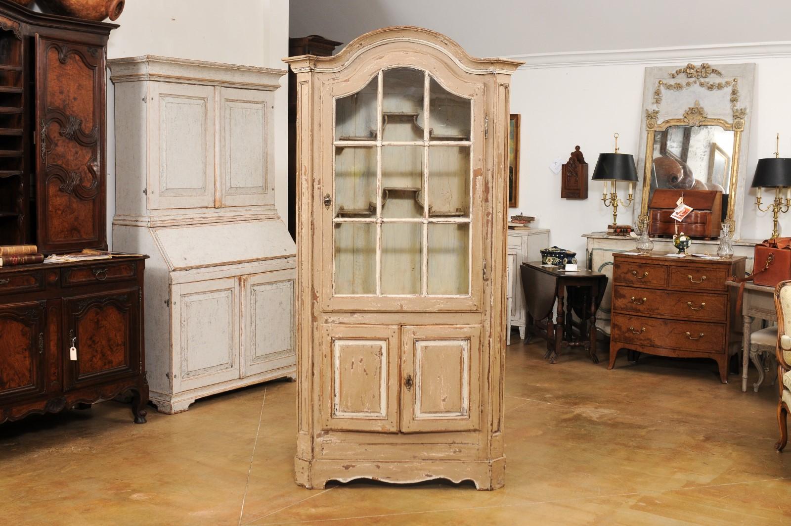 19th Century French Painted Vitrine Cabinet with Bonnet Top and Glass Door For Sale 8