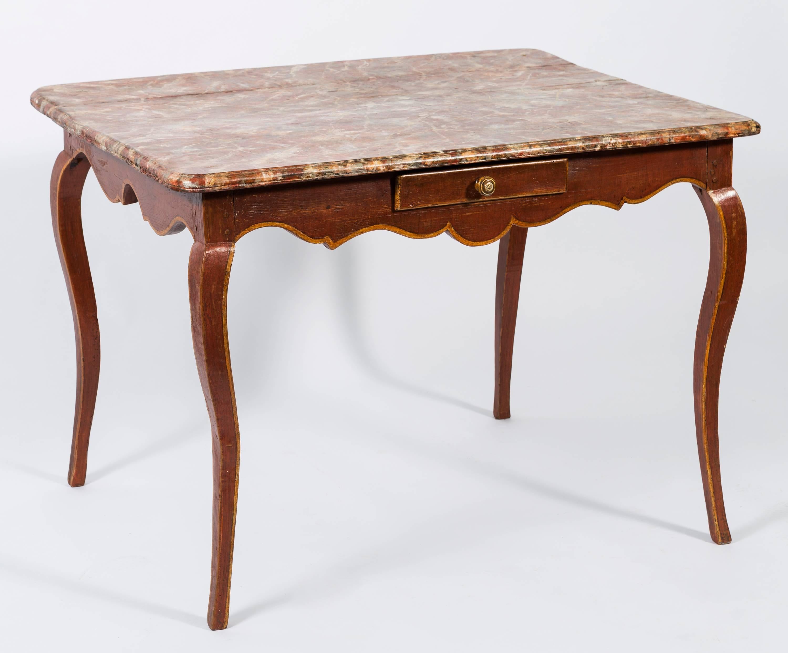 Hand-Painted 19th Century French Painted Wood Table with Faux Marble Top For Sale