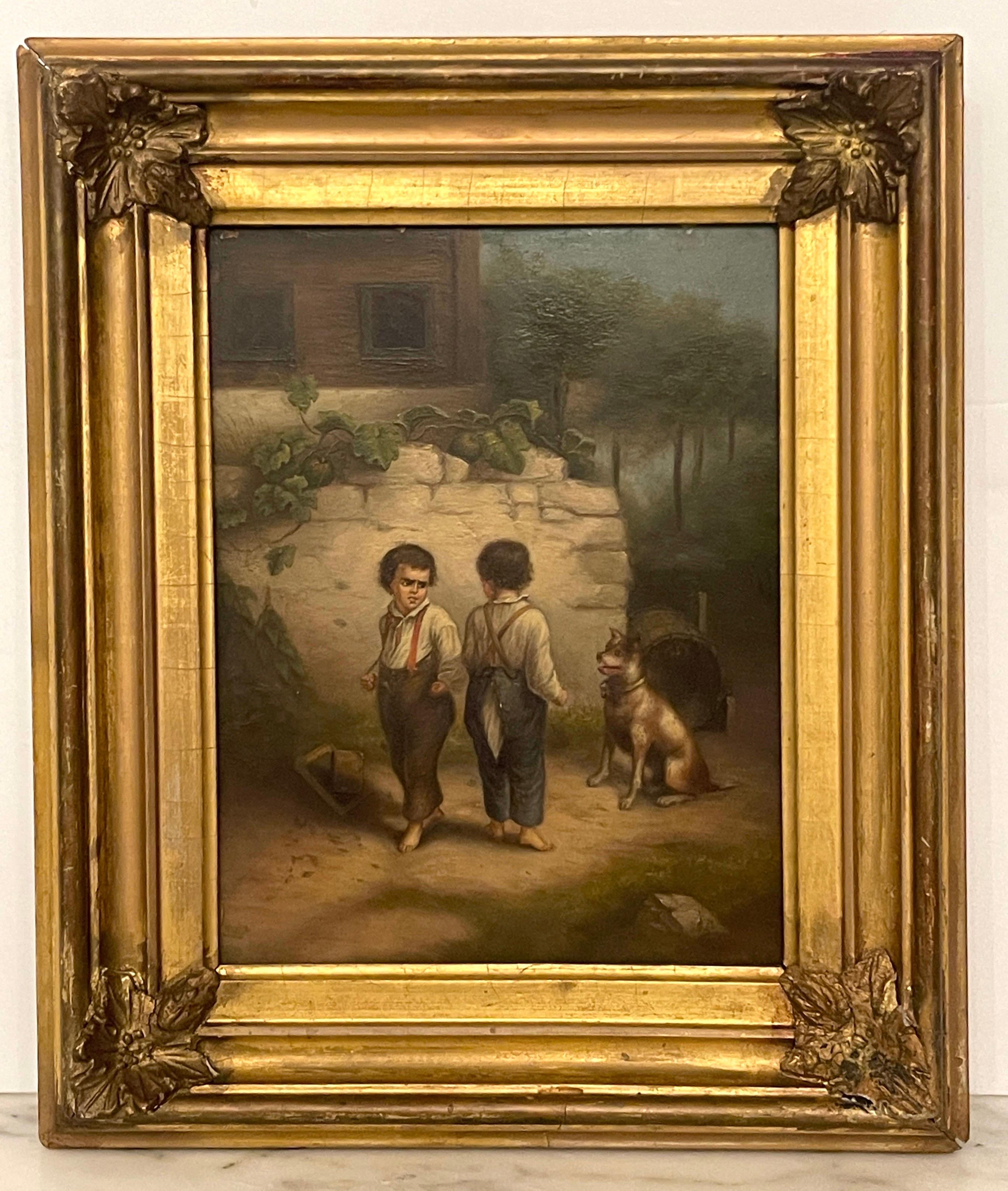 19th century French Painting 'Backyard Fight', Unsigned 
France, later 19th century 
Oil on Board, Apparently unsigned.

This 19th-century French painting, titled 'Backyard Fight,' is a delightful example of genre painting from the later 19th