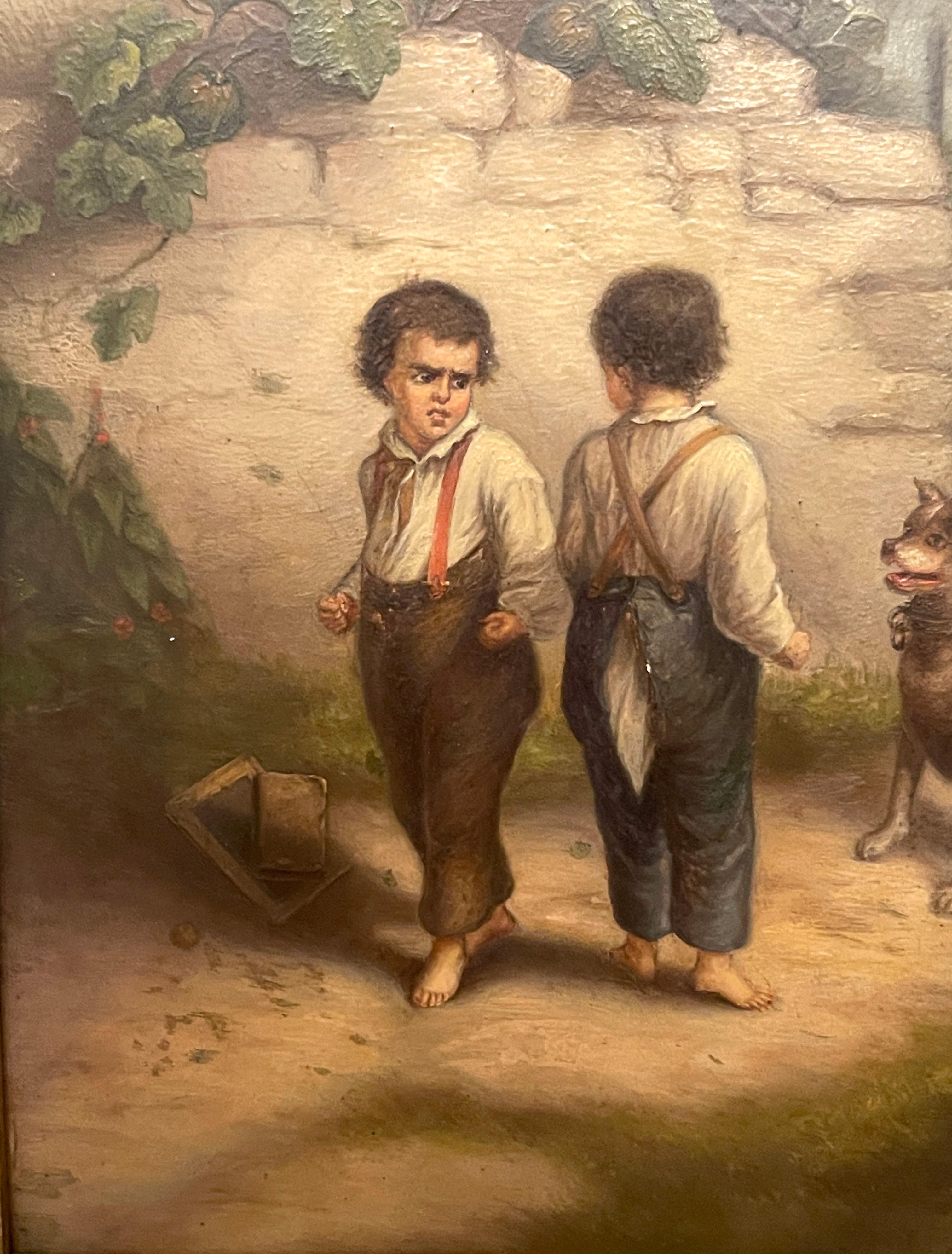 Hand-Painted 19th Century French Painting 'Backyard Fight', Unsigned For Sale