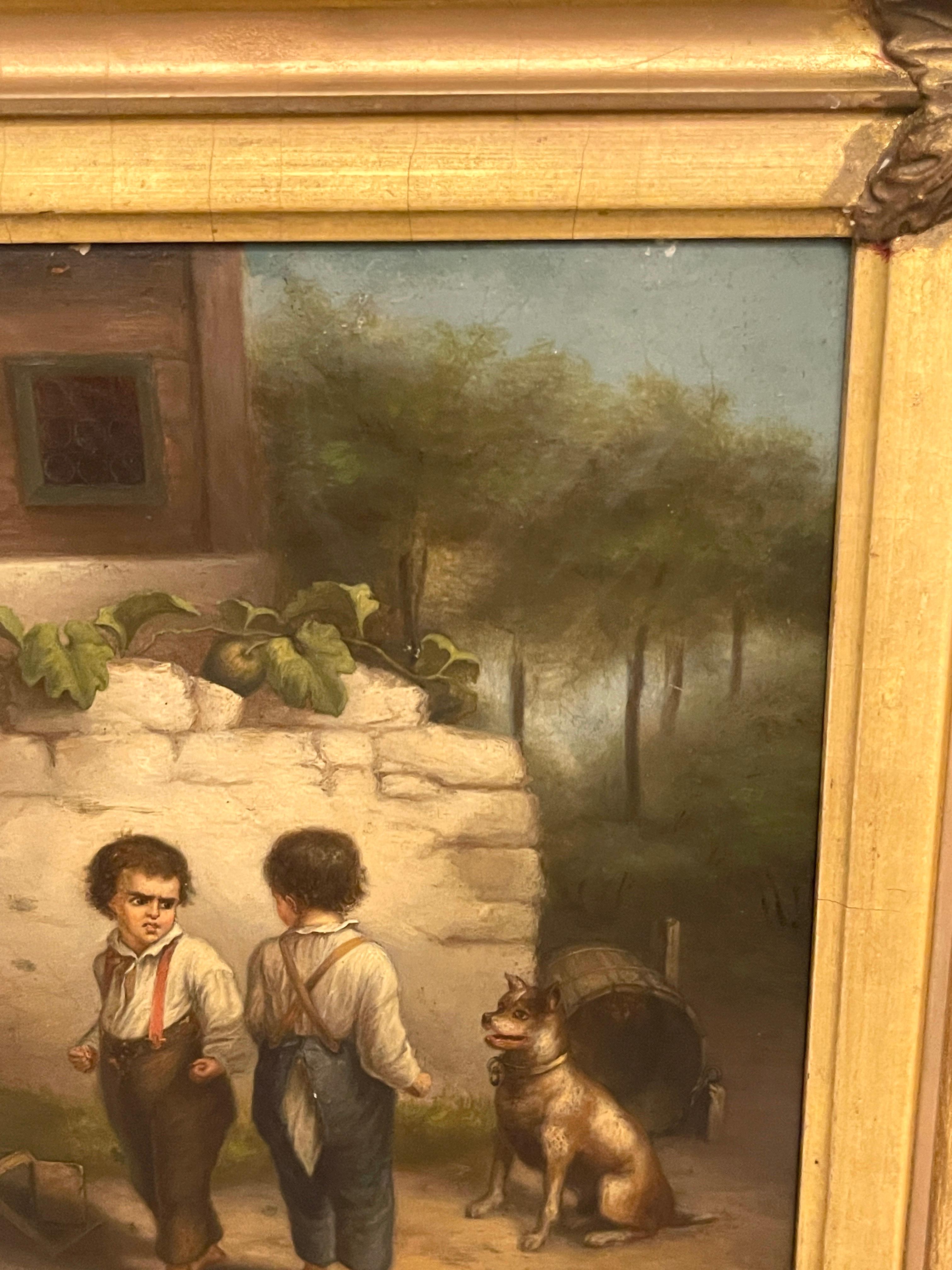 Wood 19th Century French Painting 'Backyard Fight', Unsigned For Sale