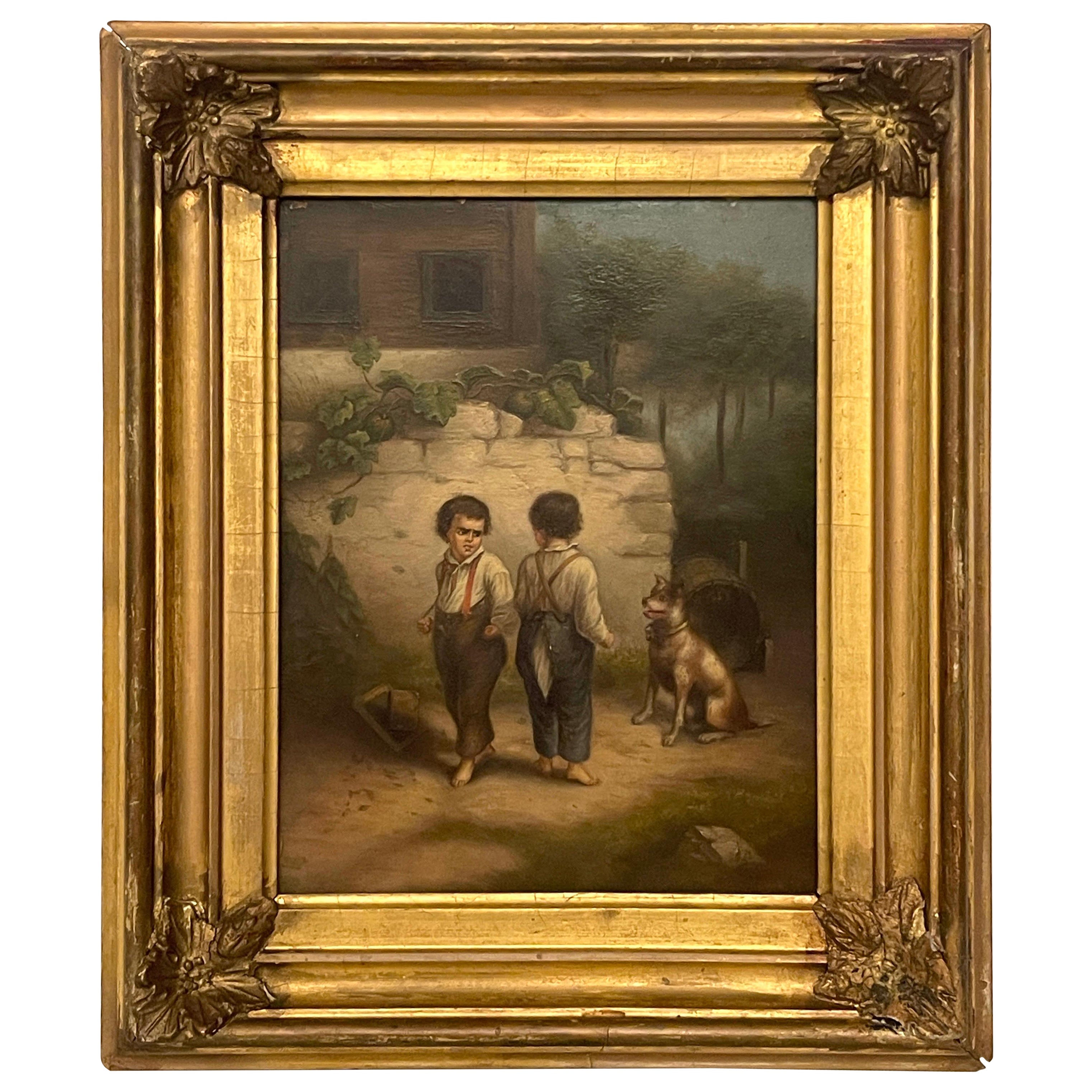 Peinture française du 19ème siècle intitulée Backyard Fight, non signée en vente