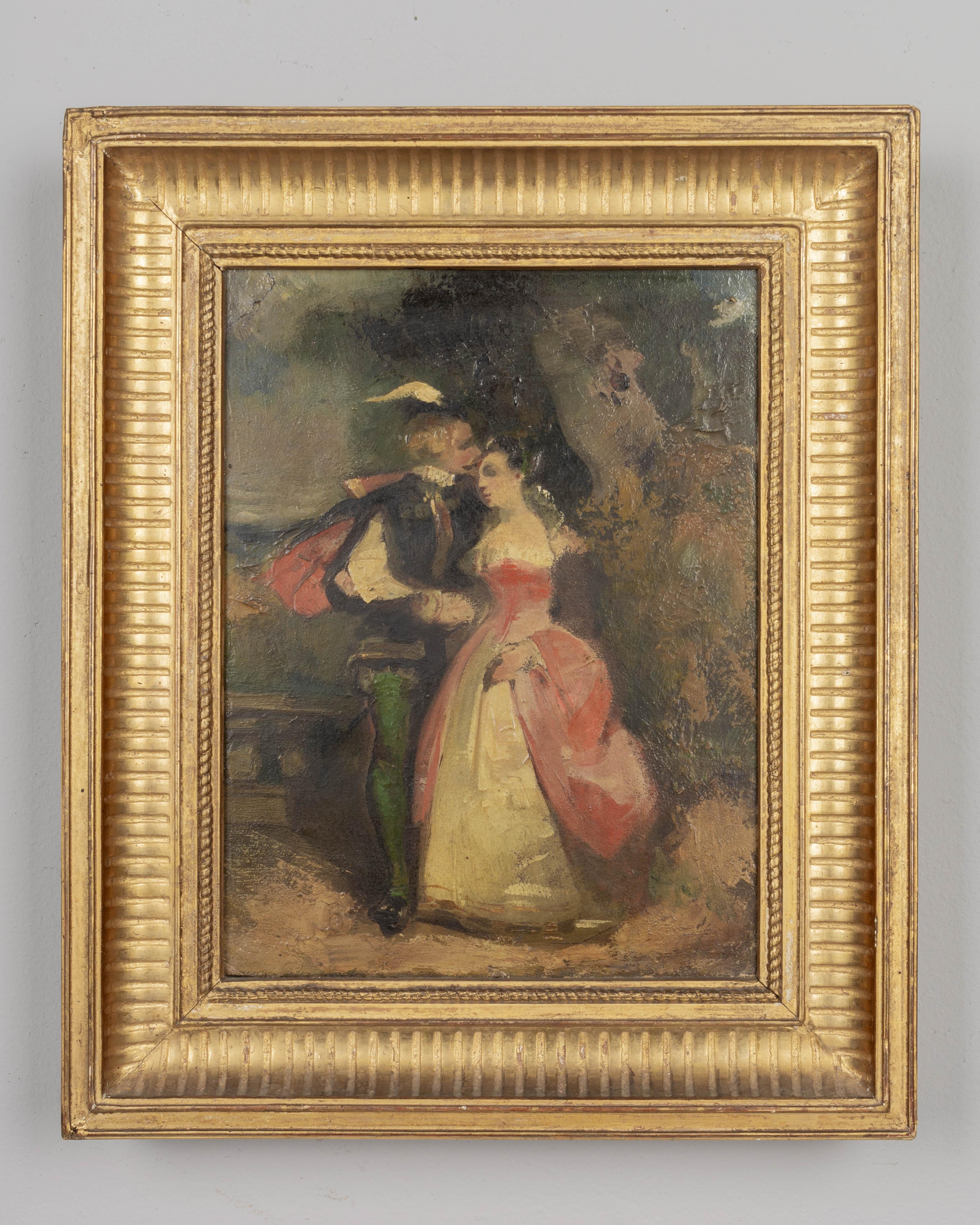 An 19th Century French painting by Eugène Devéria (1805-1865)
A romantic sketch depicting a courting couple. 
Oil on board with gilt frame. Circa 1840-1850
Minor gilt touch-up to corners of frame. 
Frame: 13.5