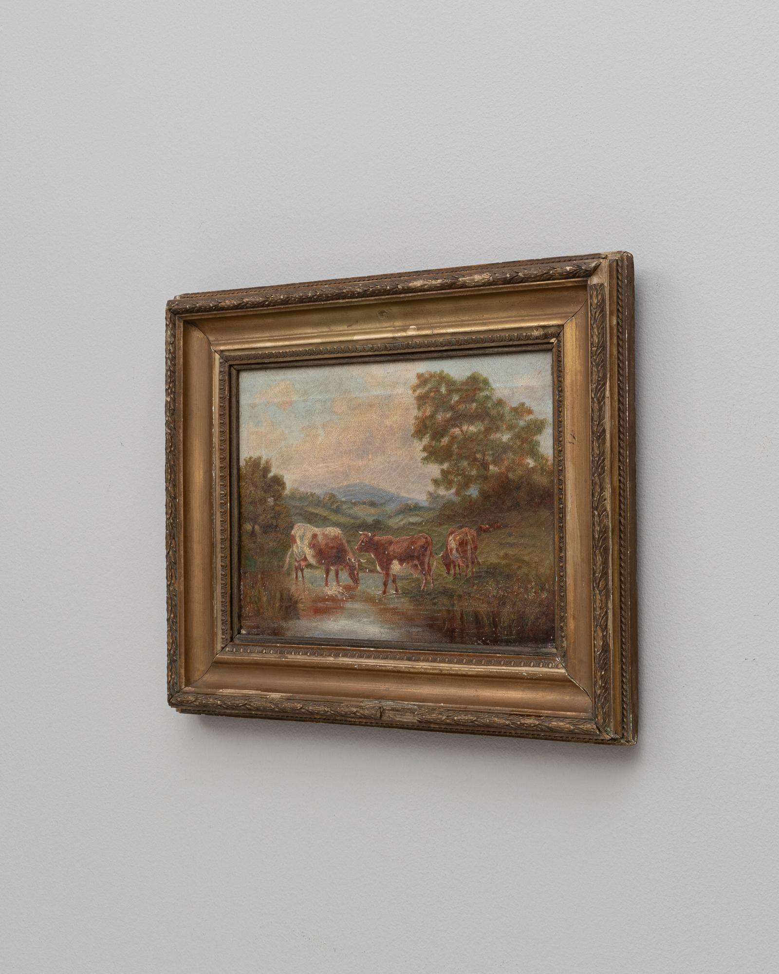 Step into the pastoral tranquility of the 19th Century with this French oil painting, where artistry captures the essence of rural life. The artwork features a serene landscape where cattle graze leisurely by a gentle stream, the soft blues of the