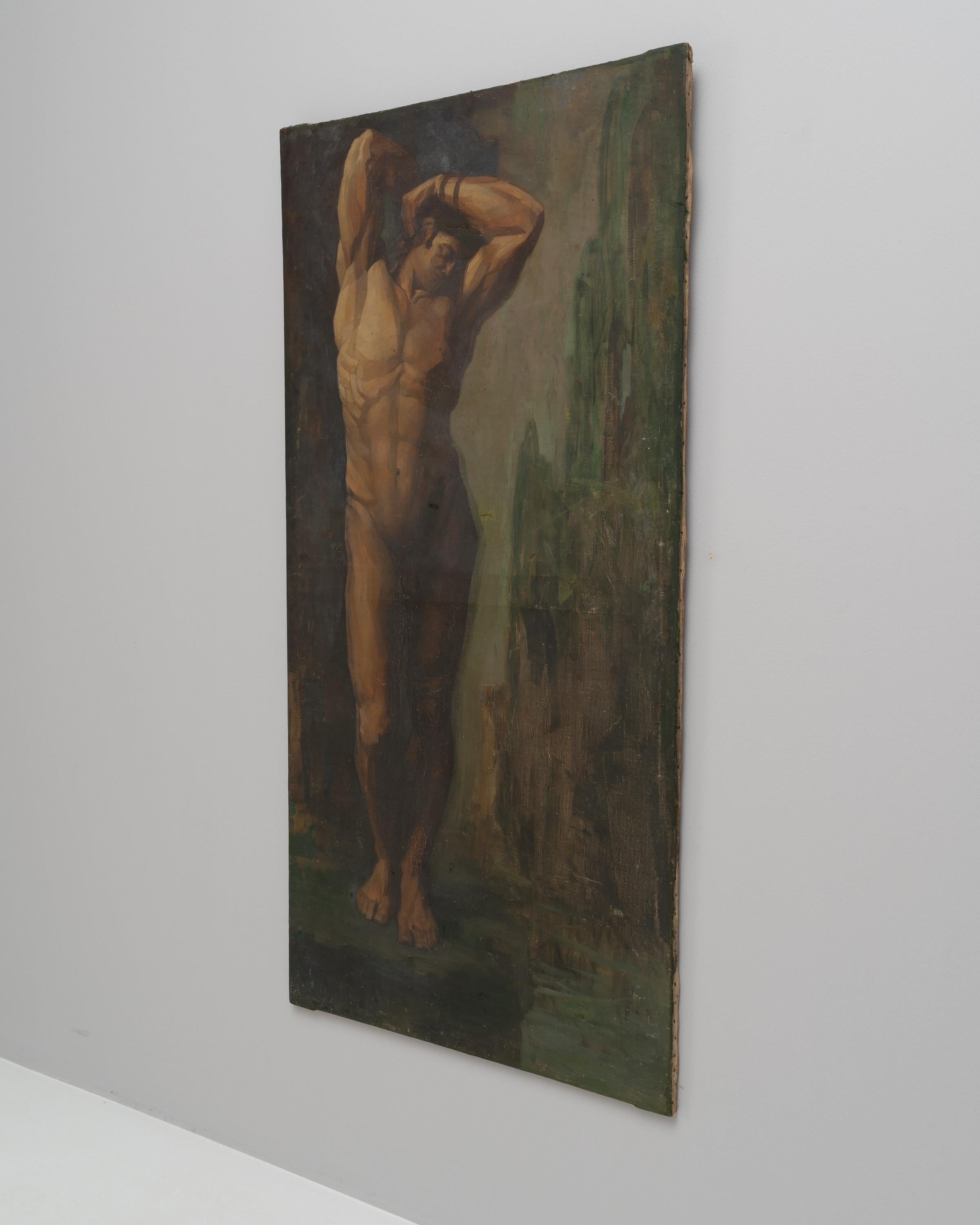 This 19th-century French painting captures the raw beauty and powerful grace of the human form with its striking depiction of a nude male figure. Rendered in a naturalistic style, the artist skillfully employs a rich palette of earthy tones to