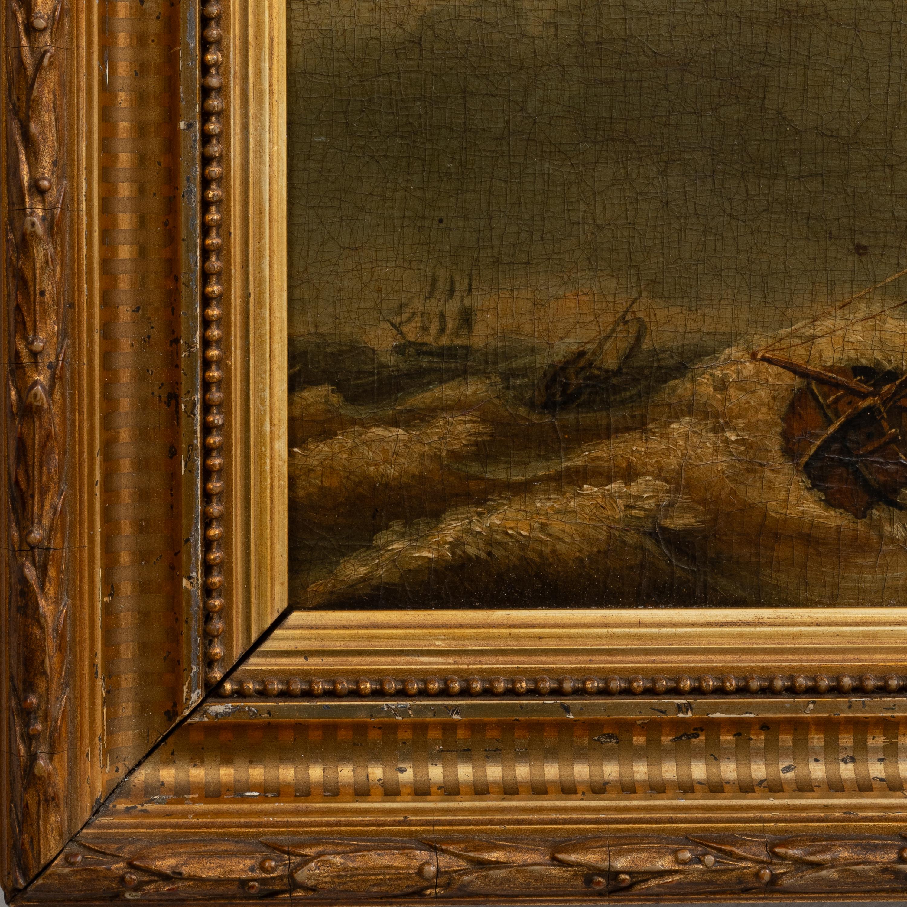 This exquisite 19th-century French painting captures the drama and intensity of a maritime scene, featuring a lone sailboat battling the tumultuous sea. The masterful brushwork vividly portrays the churning waves and windswept skies, creating a