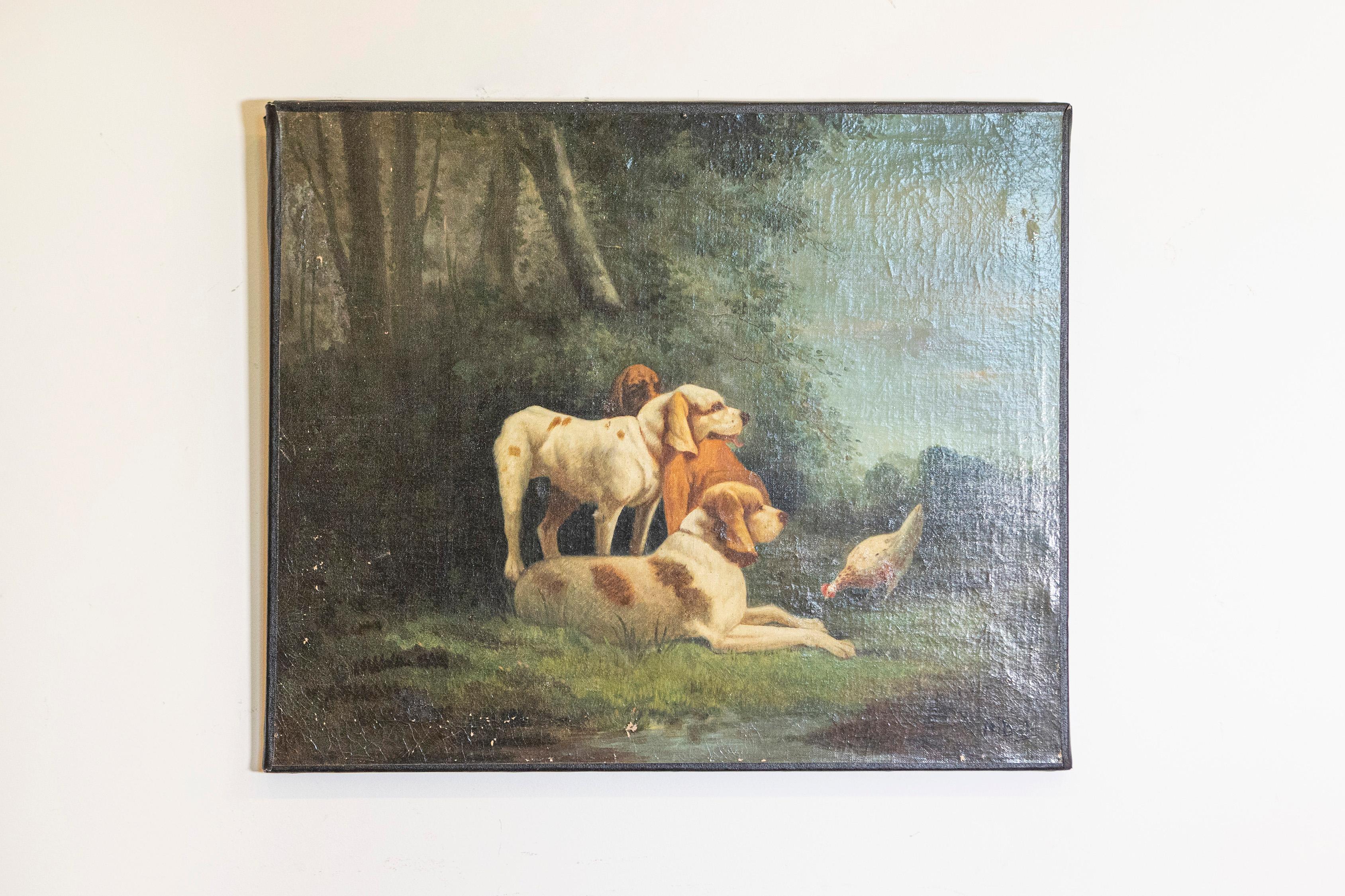 This striking 19th-century French oil painting on canvas captures an evocative sporting scene featuring three hunting dogs attentively watching a game bird in a lush forest setting. The artist skillfully conveys the dogs’ alert expressions and