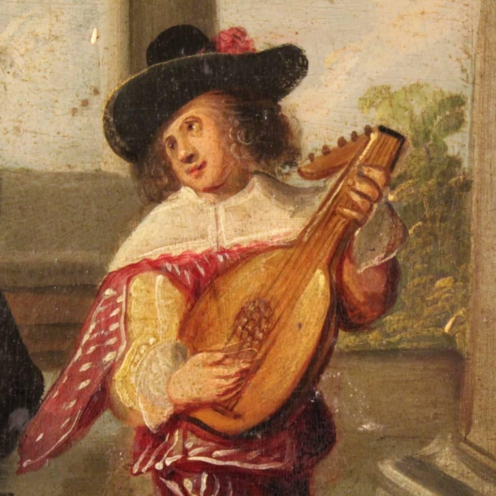 Plaster 19th Century French Painting Gallant Scene with Musician Oil on Panel