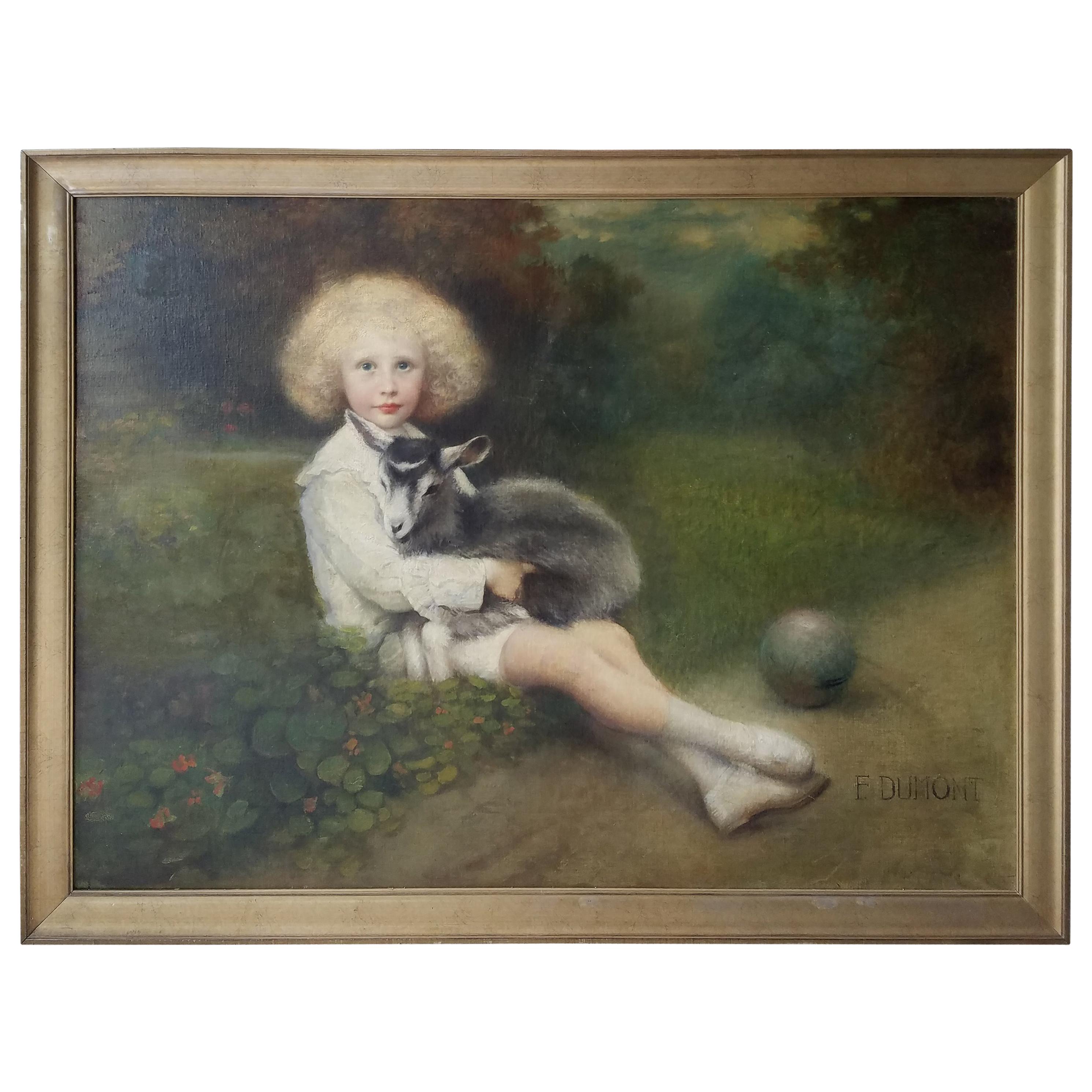 19th Century French Painting of an Aristocratic Young Boy with His Pet Goat