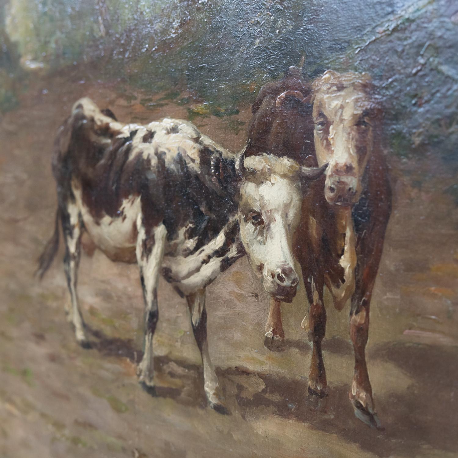 19th Century French Painting of Cows on a Forest Path by Emile Godchaux, Signed For Sale 5