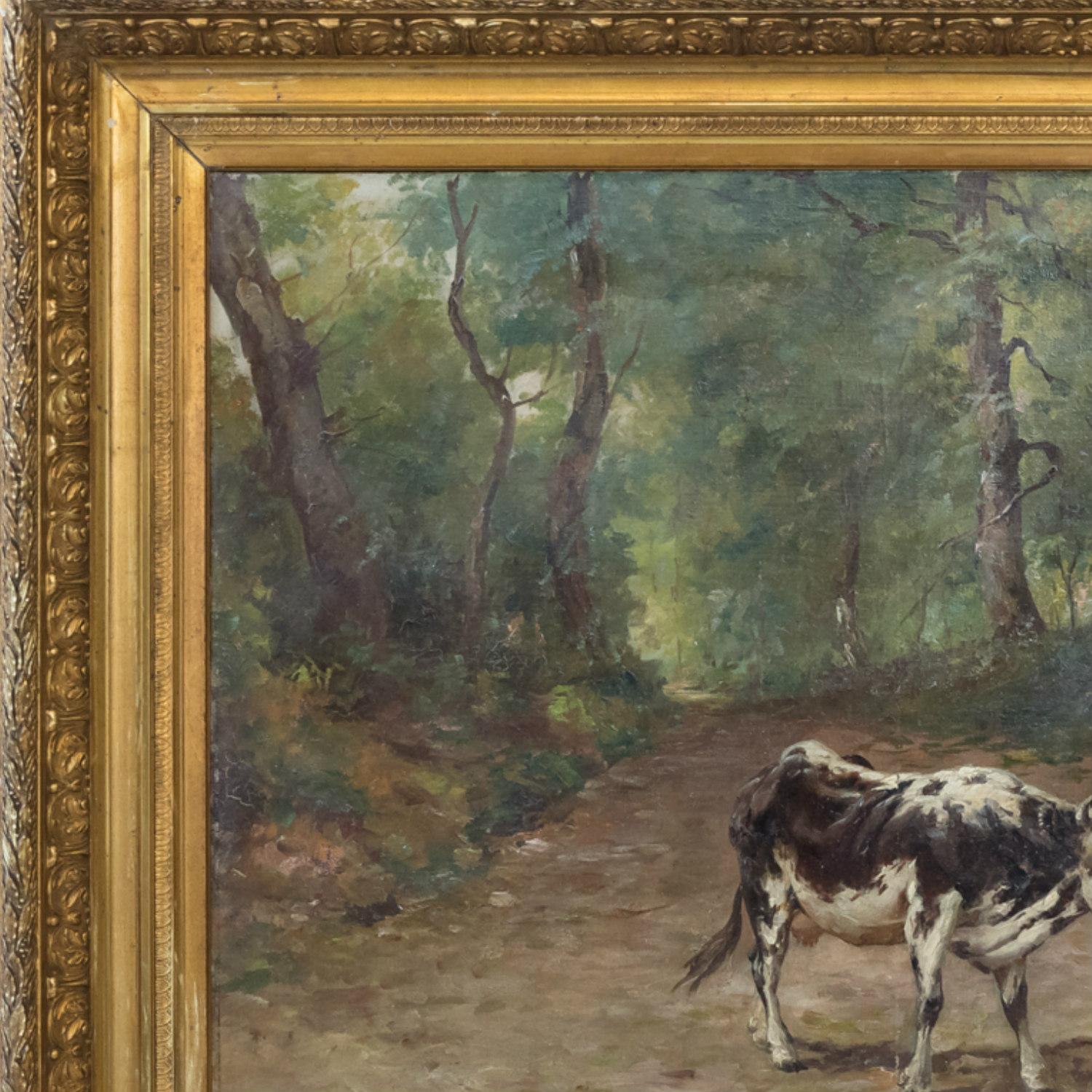 An exceptional late 19th century original work by listed French artist Emile Godchaux (1860-1938) executed in oils on canvas depicting a pair of cows on a forest path. This pastoral scene is signed 'Godchaux' in the lower right corner and presented