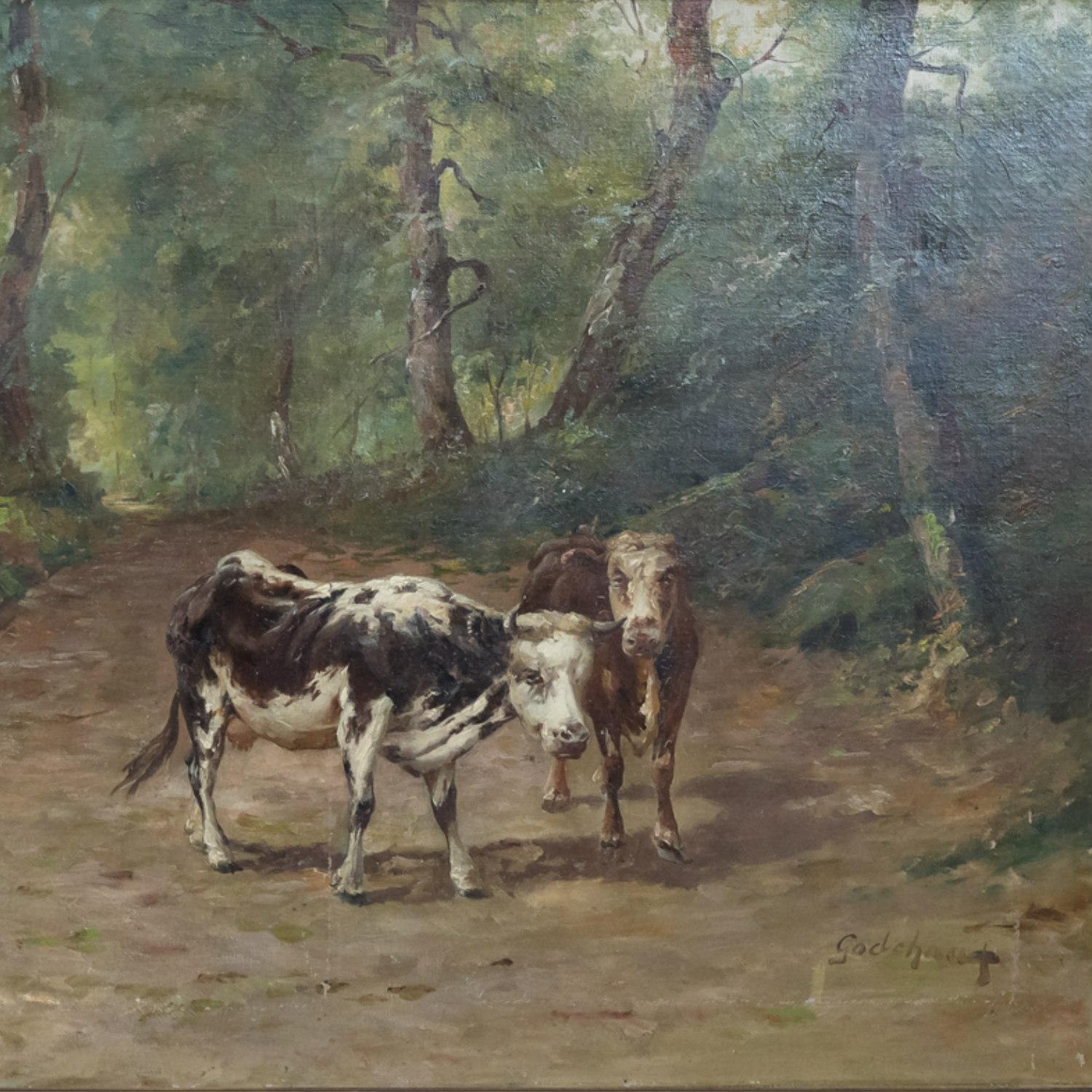 19th Century French Painting of Cows on a Forest Path by Emile Godchaux, Signed For Sale 2