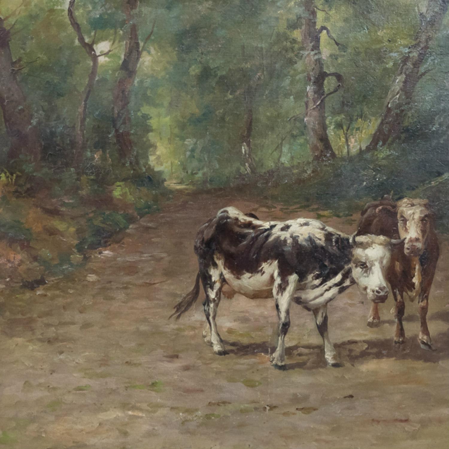 19th Century French Painting of Cows on a Forest Path by Emile Godchaux, Signed For Sale 3