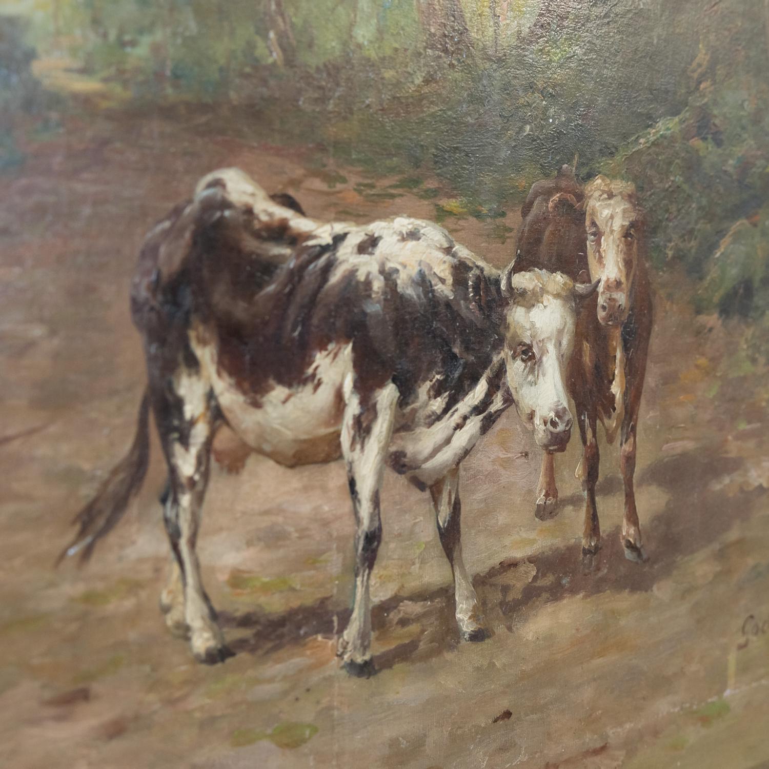 19th Century French Painting of Cows on a Forest Path by Emile Godchaux, Signed For Sale 4