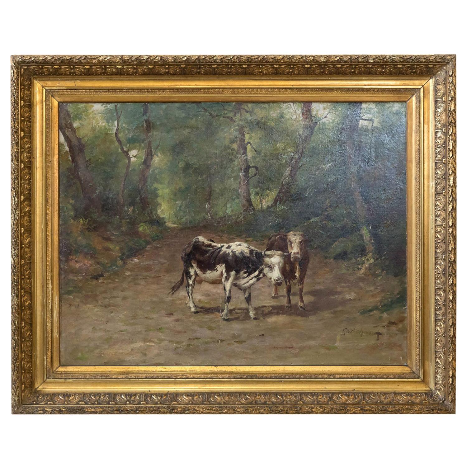 Peinture française du 19ème siècle représentant des vaches sur un chemin de forêt par Emile Godchaux, signée