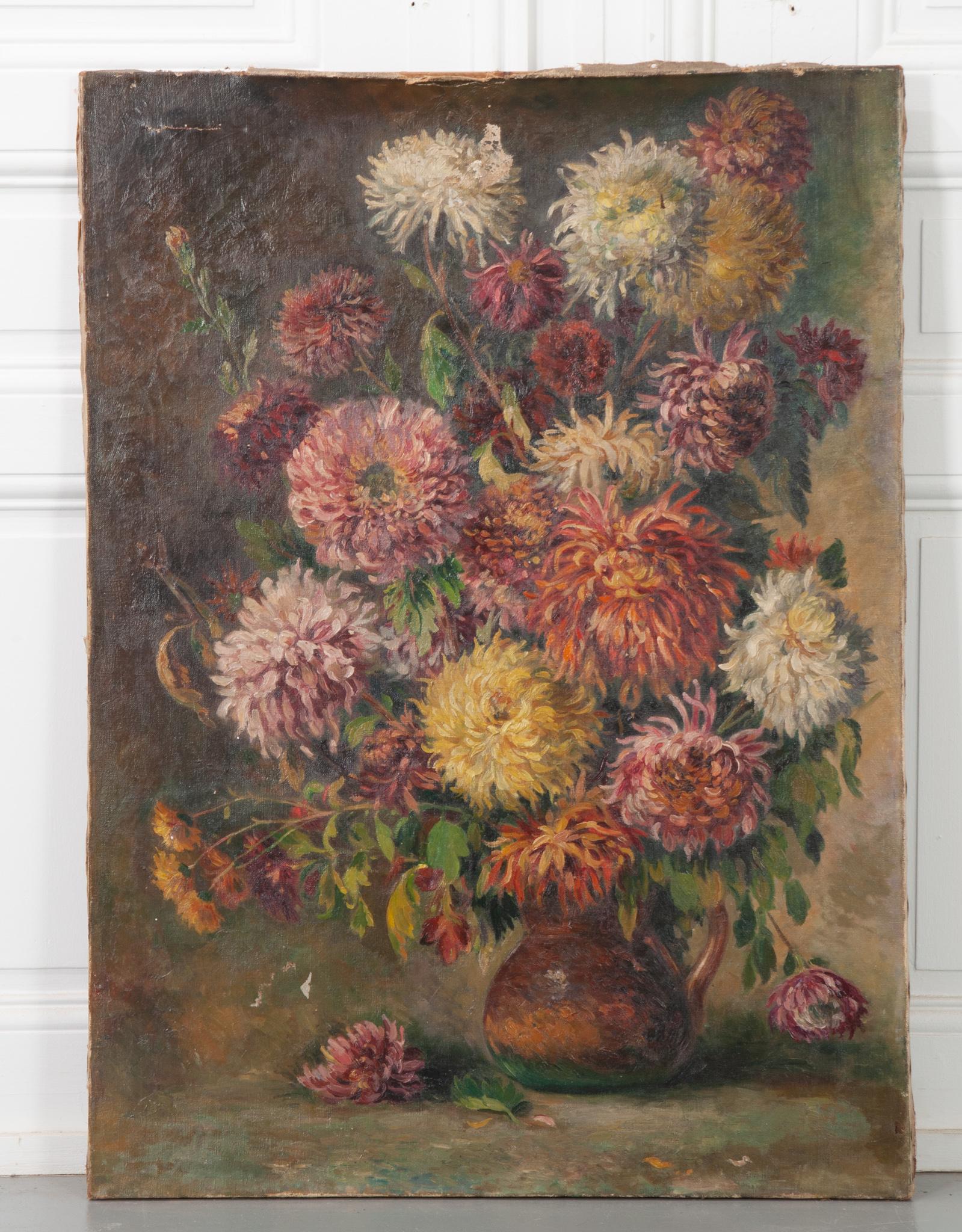 Oil on canvas painting of an overflowing vase of colorful mums, set against a shadowy abstract background. A few repairs to the canvas have been made over the years but are only visible on the back. The soft, colorful brush strokes give this