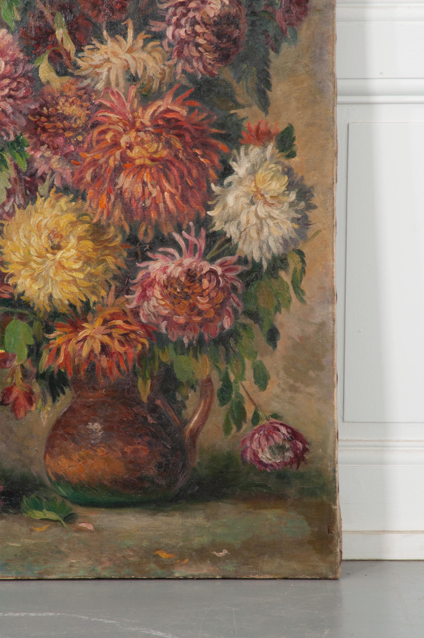 Painted 19th Century French Painting of Mums