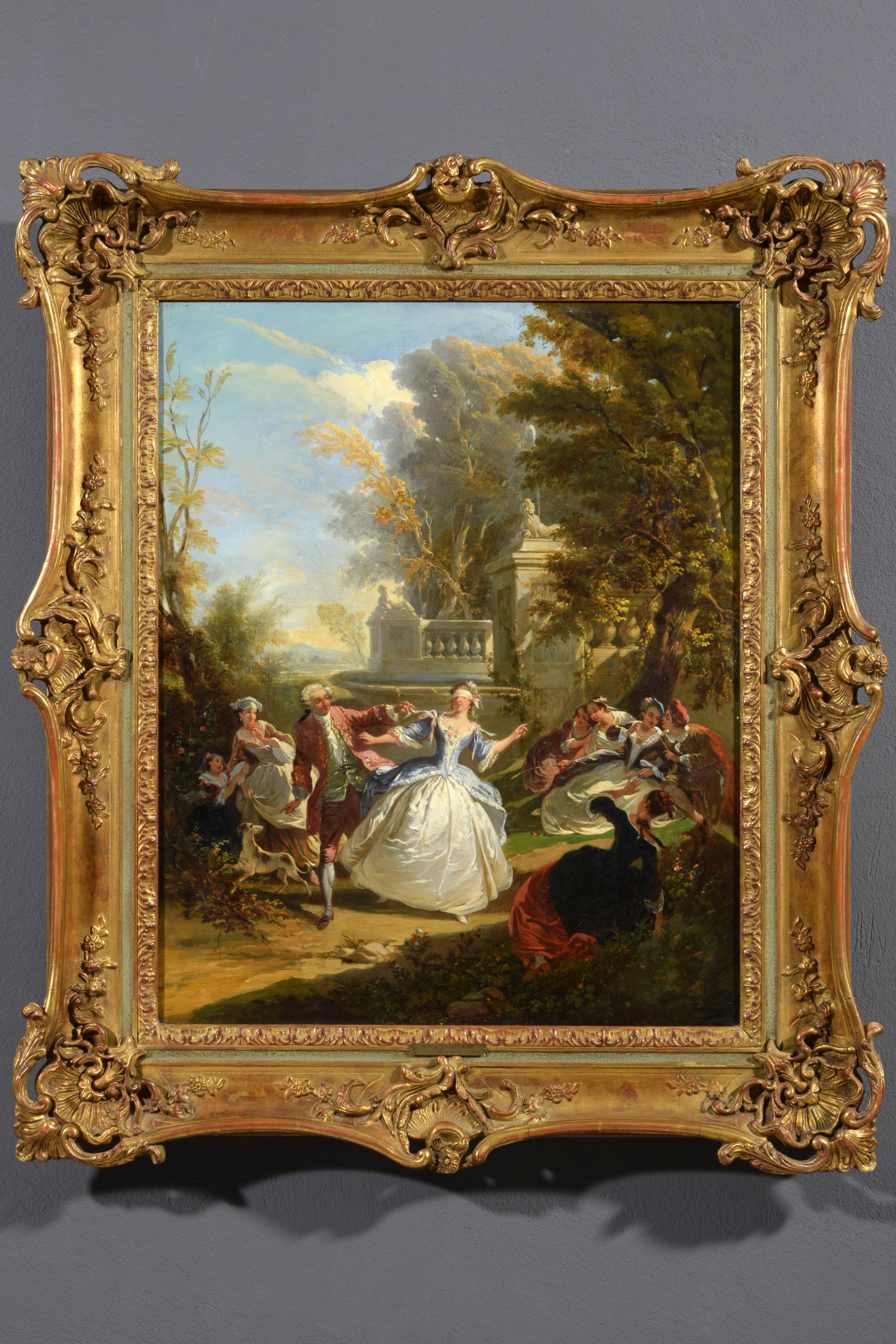 Nicolas Edward Gabe (Paris, 1814-1865)
Blind man's bluff
Oil on canvas, cm L 72 x W 58 (without frame); with frame cm H 98 x W 84 x D 8
The painting, made in oil on canvas, depicts some nobles in eighteenth-century clothes playing Blind man's bluff