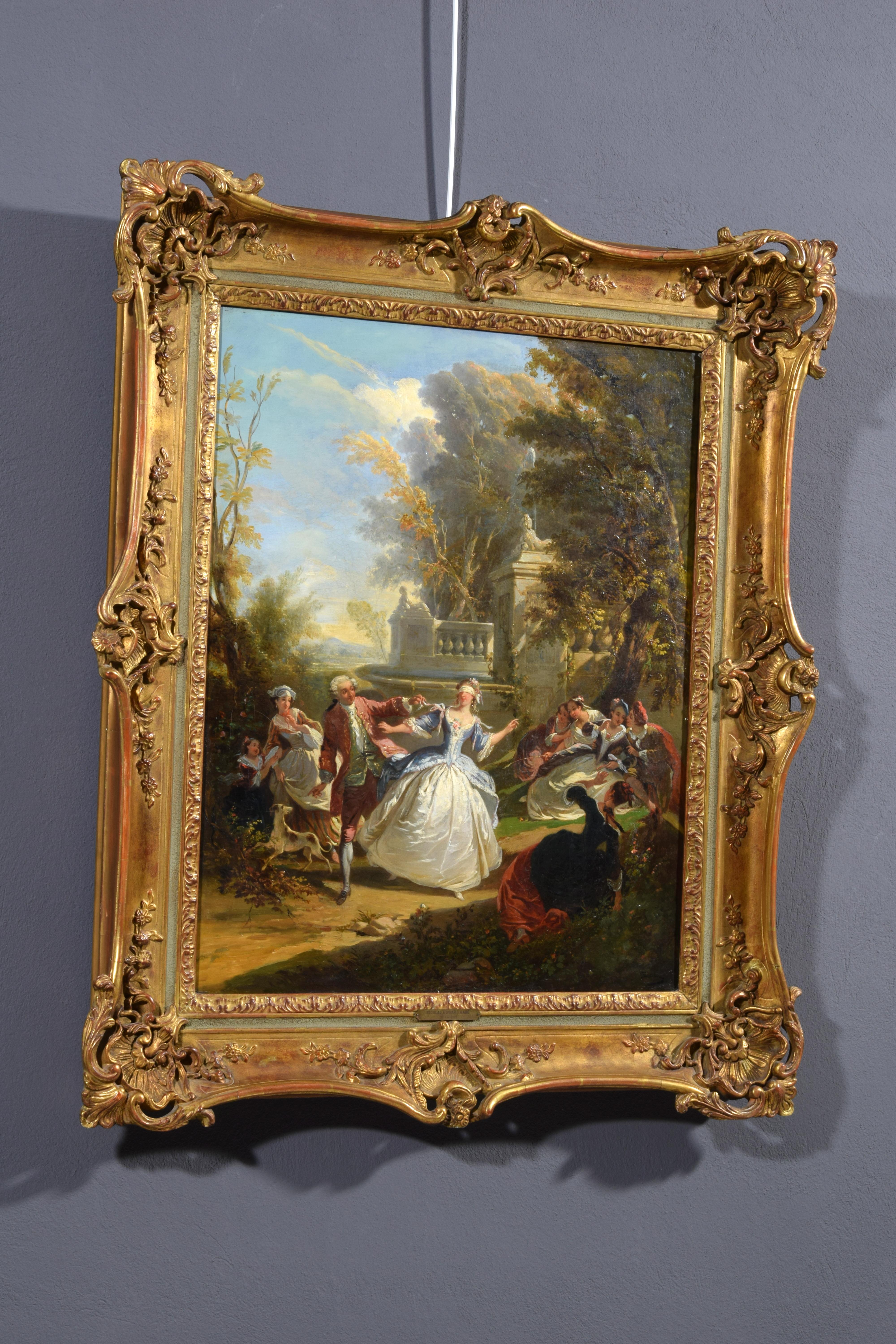 Rococo 19th Century, French Painting with Blind man's bluff by Nicolas Edward Gabe For Sale