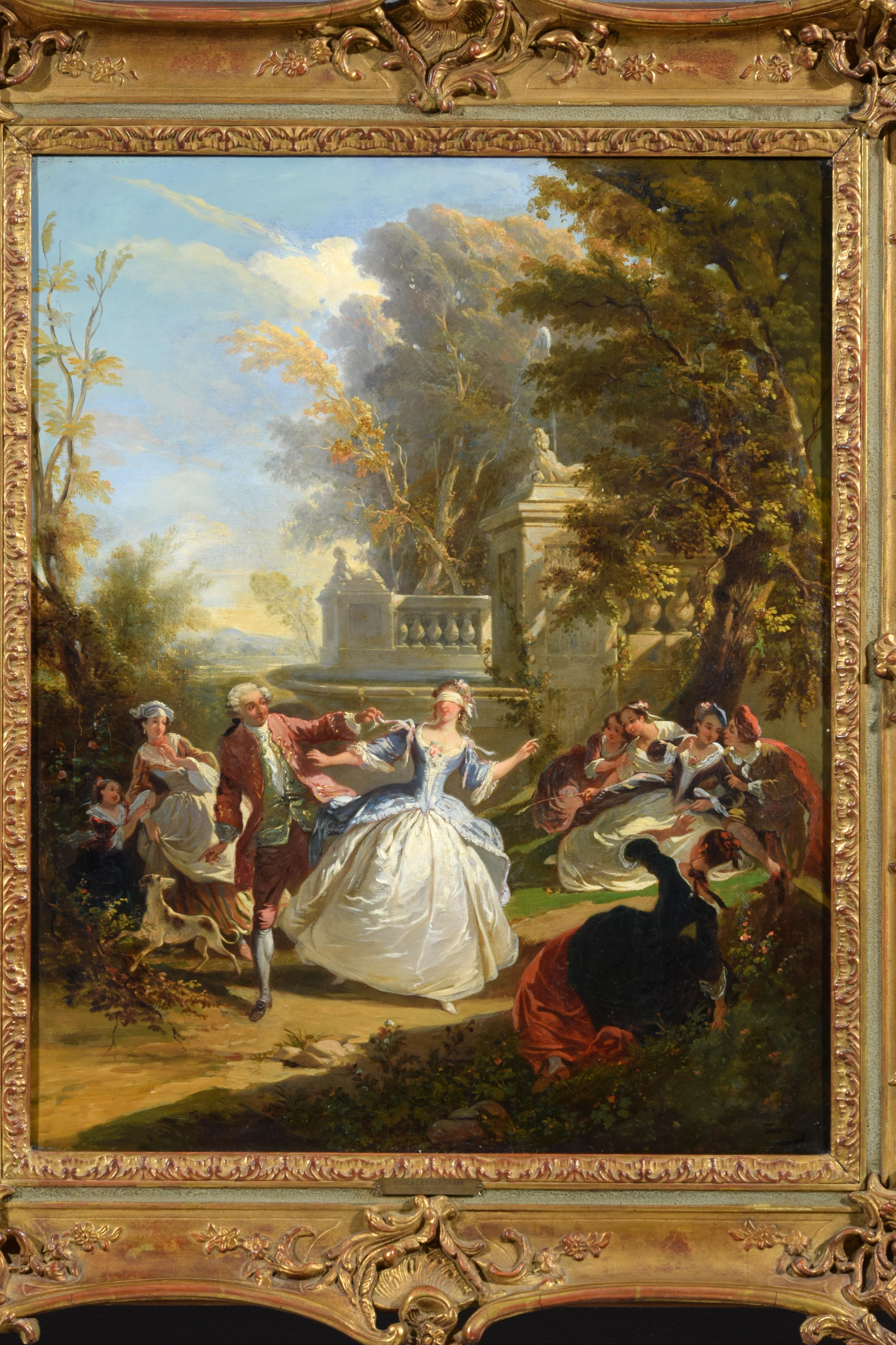 Hand-Painted 19th Century, French Painting with Blind man's bluff by Nicolas Edward Gabe For Sale