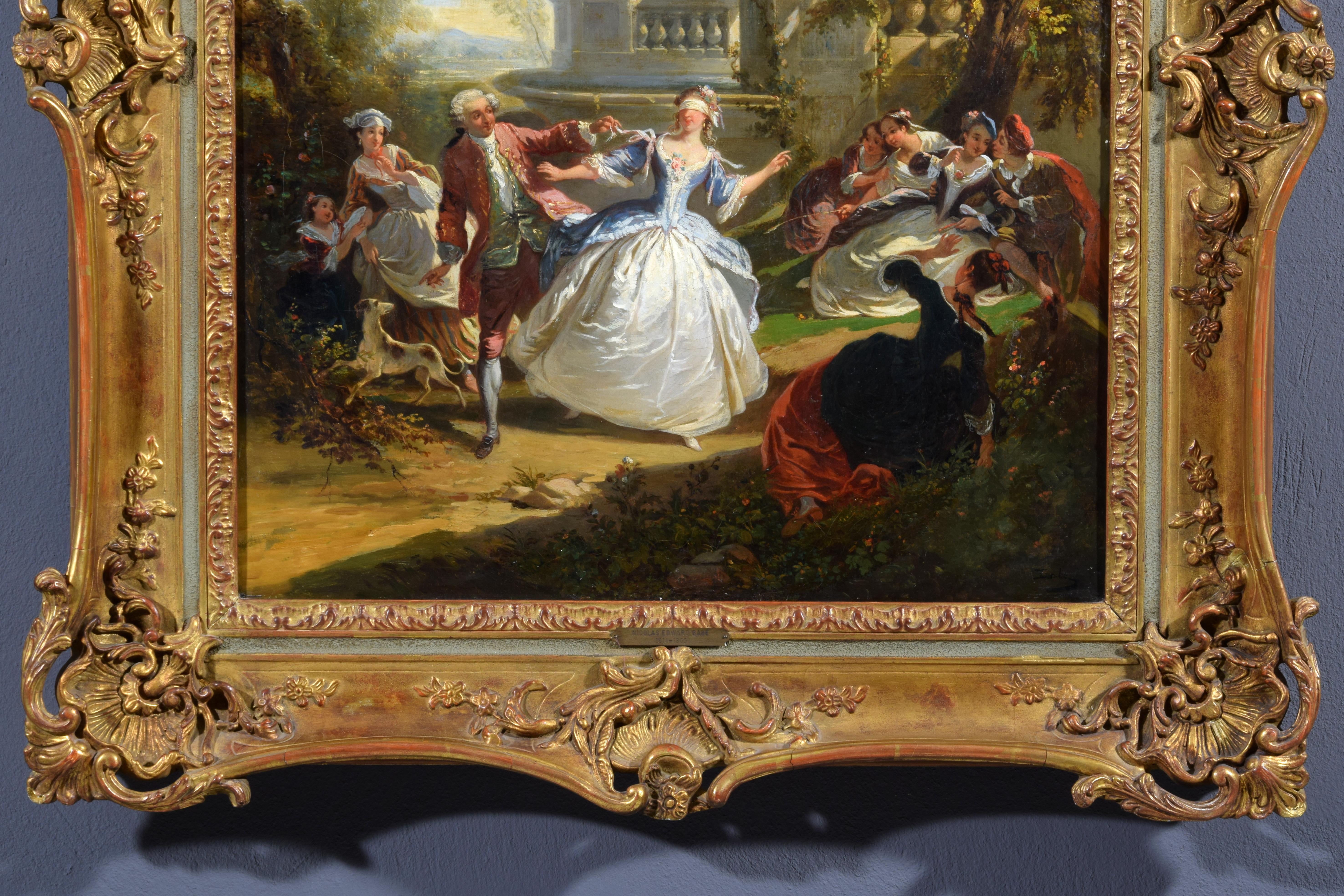 19th Century, French Painting with Blind man's bluff by Nicolas Edward Gabe For Sale 1