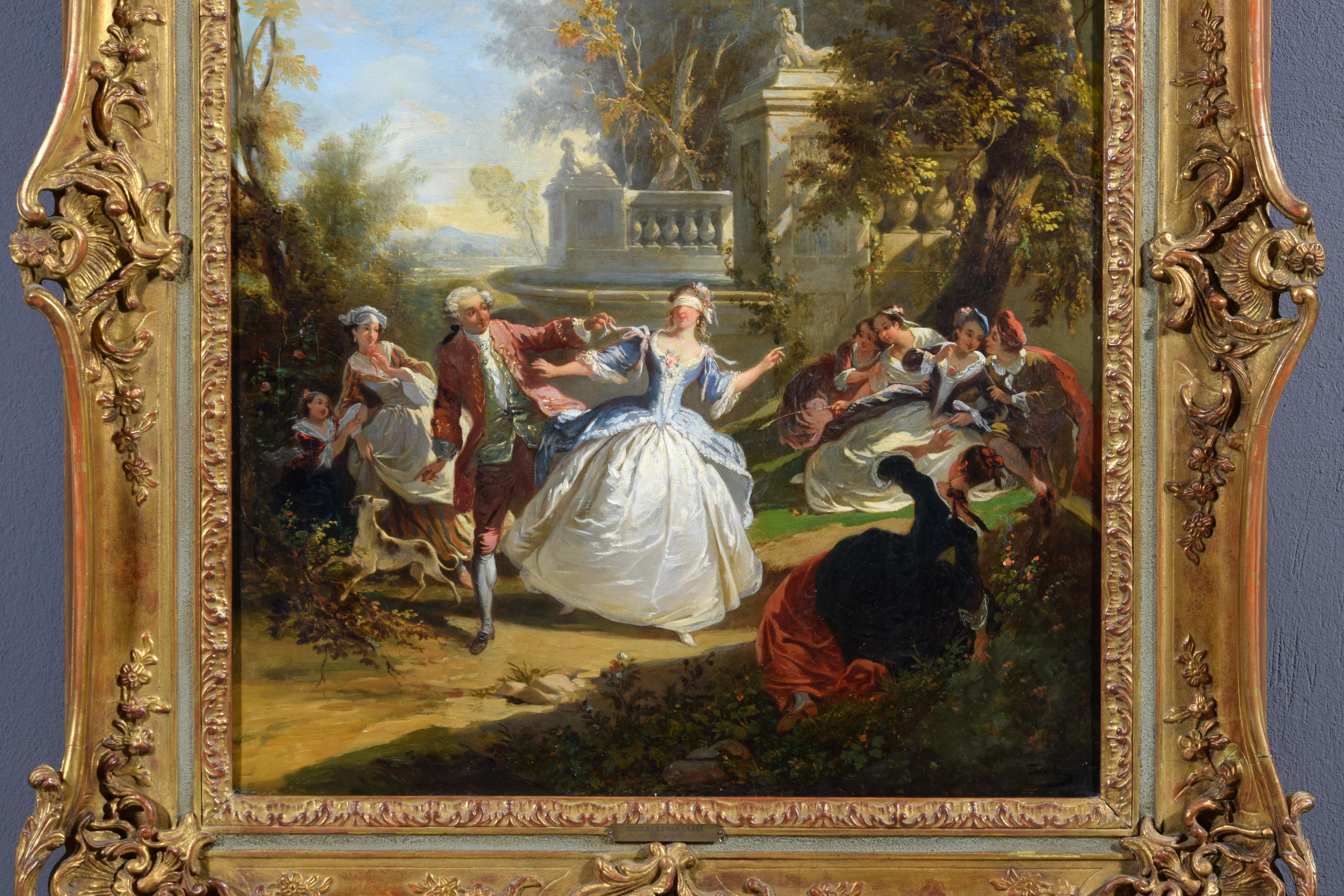 19th Century, French Painting with Blind man's bluff by Nicolas Edward Gabe For Sale 2