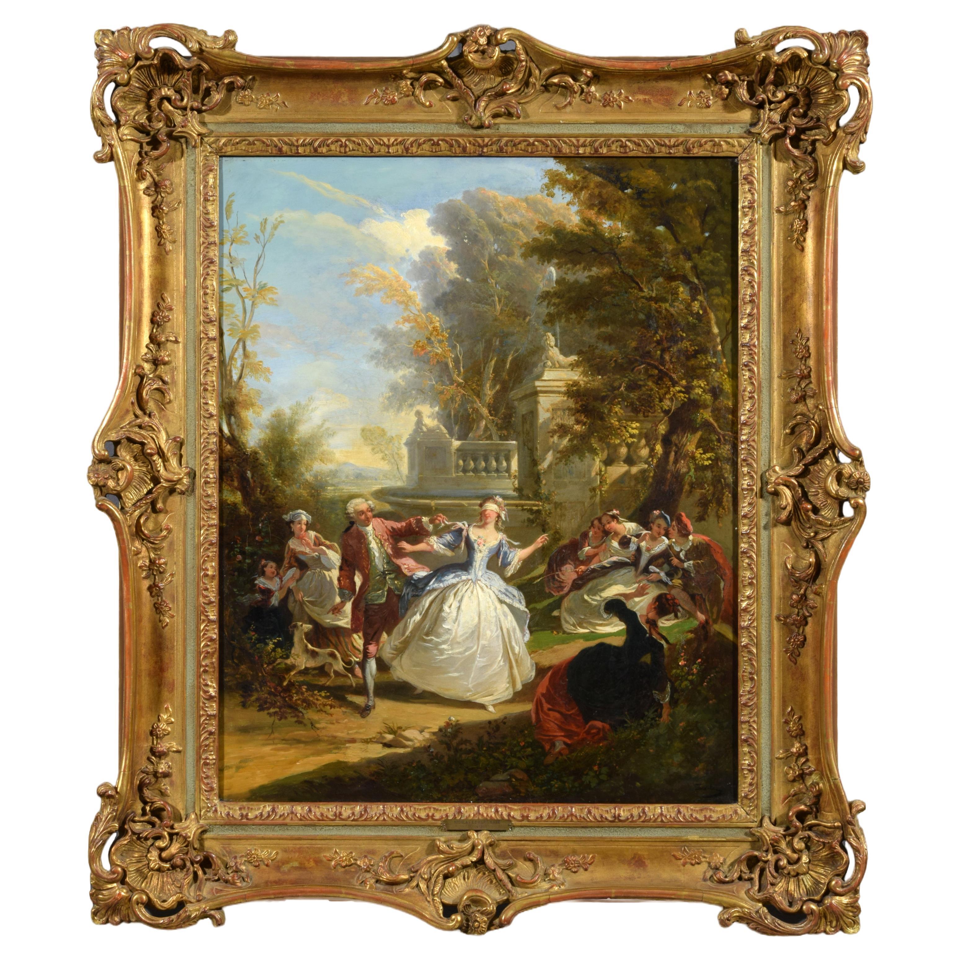 19th Century, French Painting with Blind man's bluff by Nicolas Edward Gabe For Sale