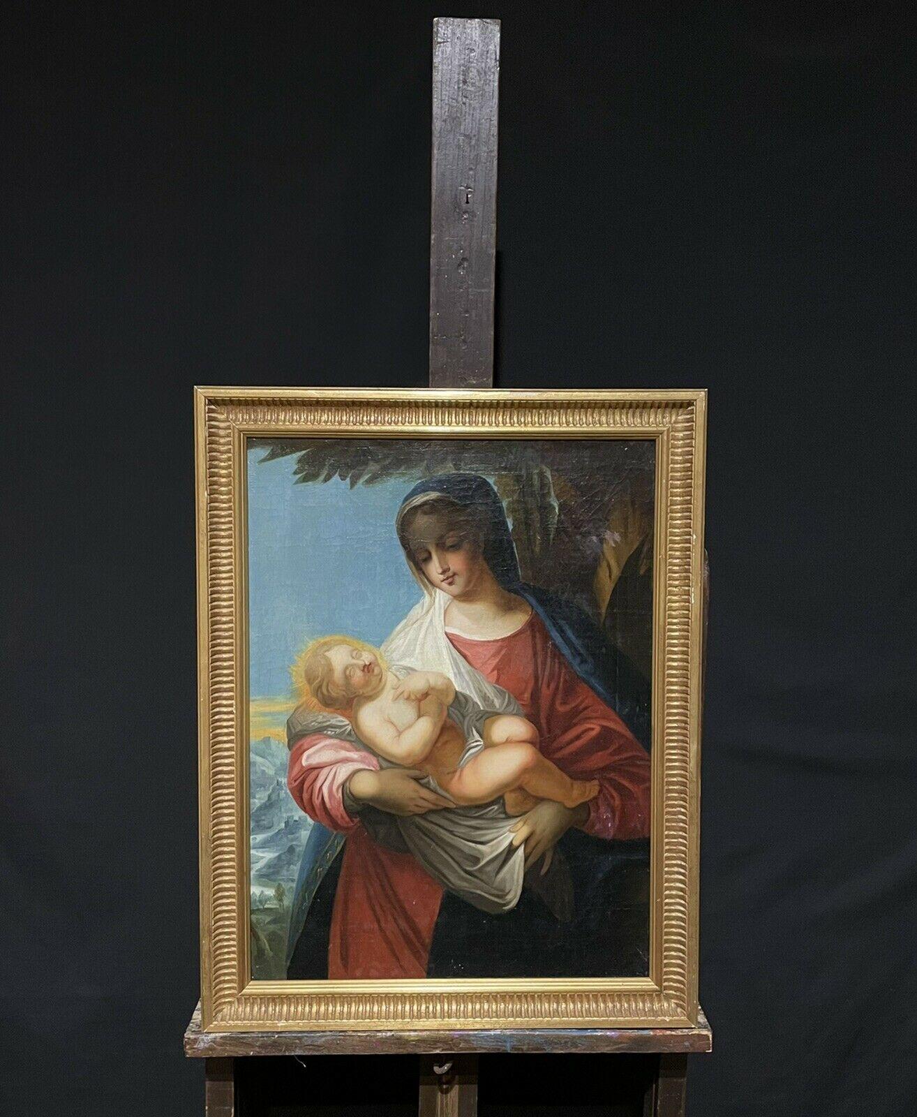 Antique French Old Master Oil The Madonna & Infant Christ Sleeping - Painting by Unknown