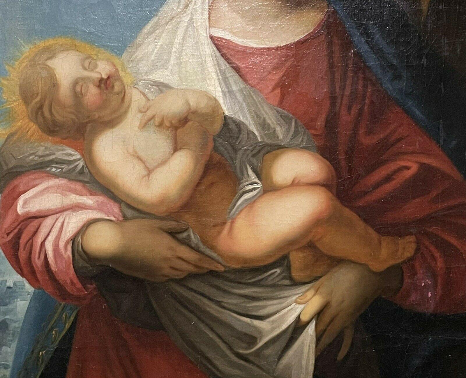 Antique French Old Master Oil The Madonna & Infant Christ Sleeping - Black Figurative Painting by Unknown