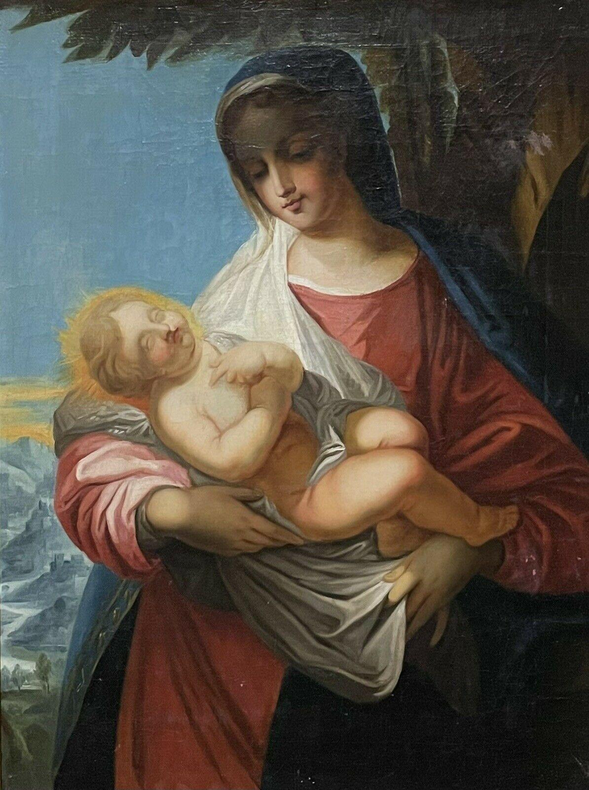 Unknown Figurative Painting - Antique French Old Master Oil The Madonna & Infant Christ Sleeping