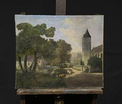 Frühe 19. Jahrhundert Französisch Dorf Ölgemälde Cattle Church Street Scene