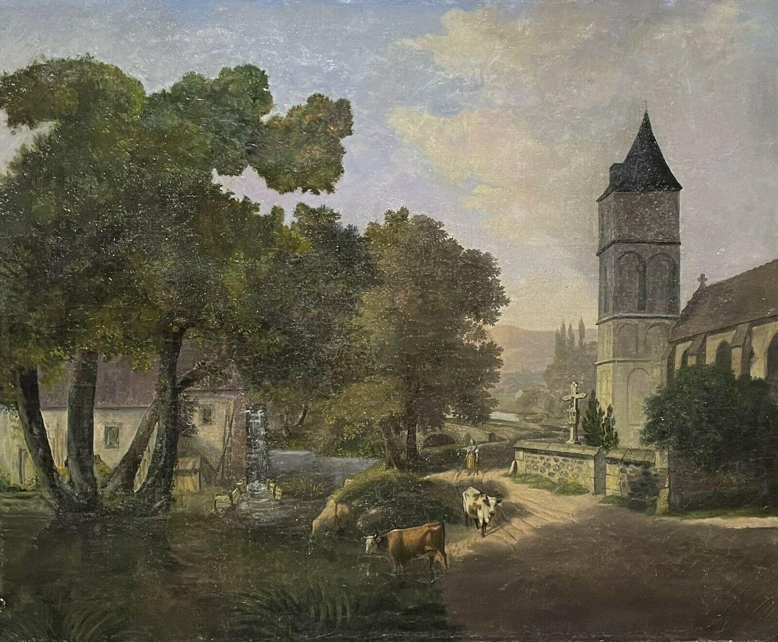 Unknown Landscape Painting - Early 19th Century French Oil Cattle being Driven through Old Village Street