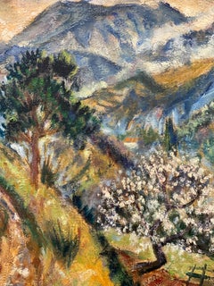 French Provencal Mountain Landscape Blossom Tree Modernist Oil Painting