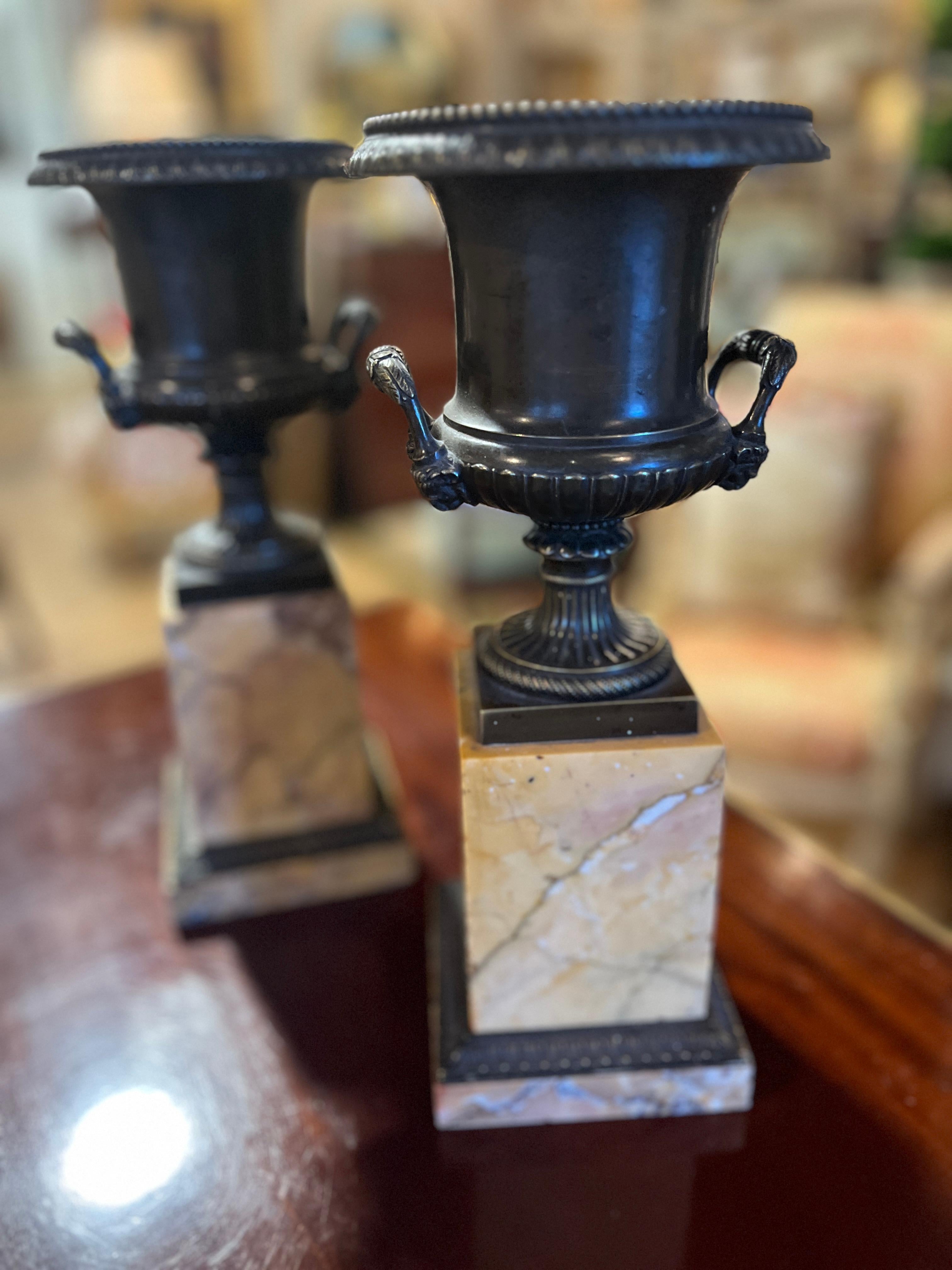 Coppia francese del XIX secolo di urne in bronzo e terra di Siena. Bellissima coppia acquistata in Francia. Usura appropriata all'età, vedi foto dettagliate o scrivici per qualsiasi domanda. 