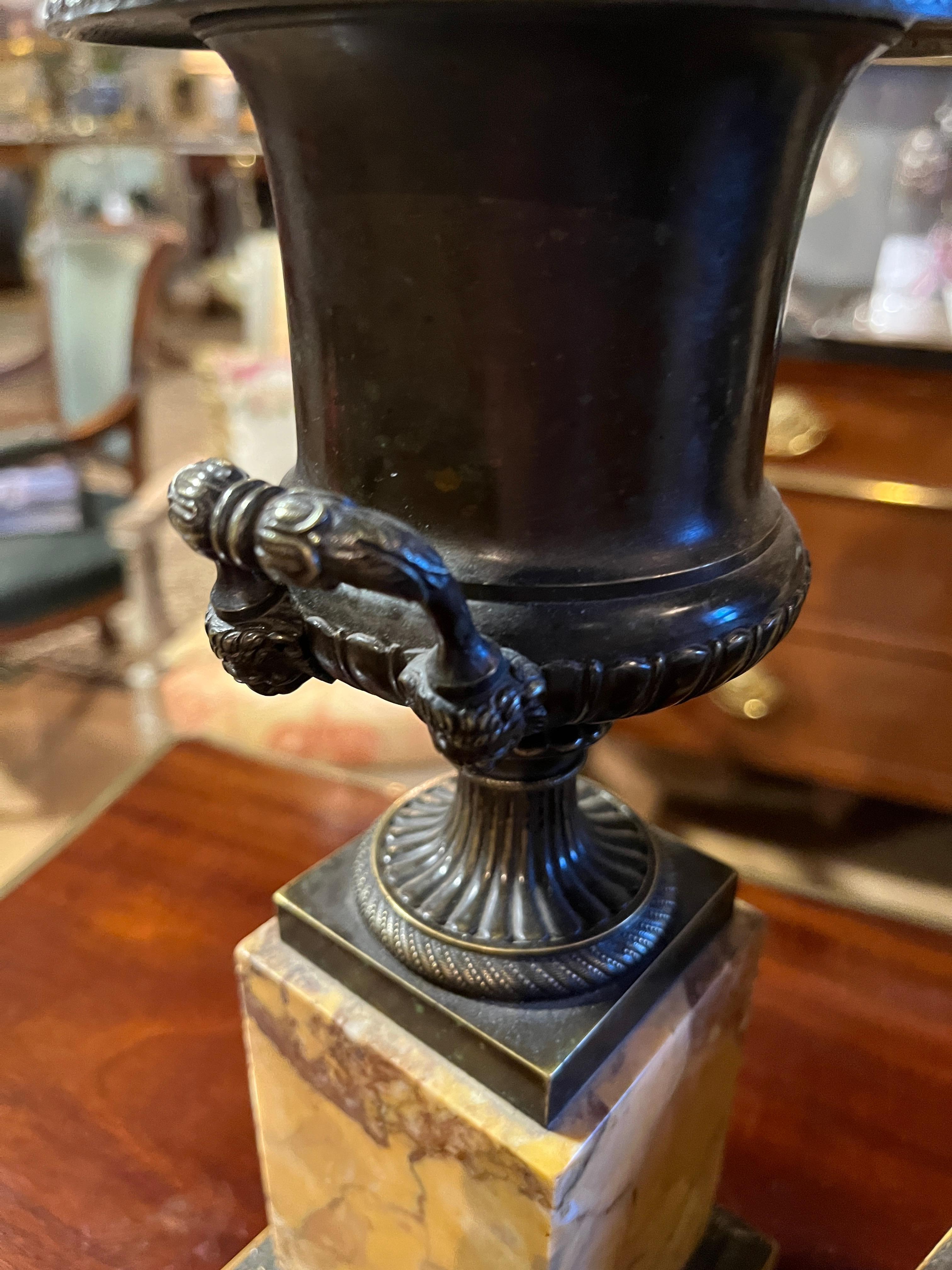 Bronzo Coppia francese del XIX secolo di urne in bronzo e terra di Siena in vendita